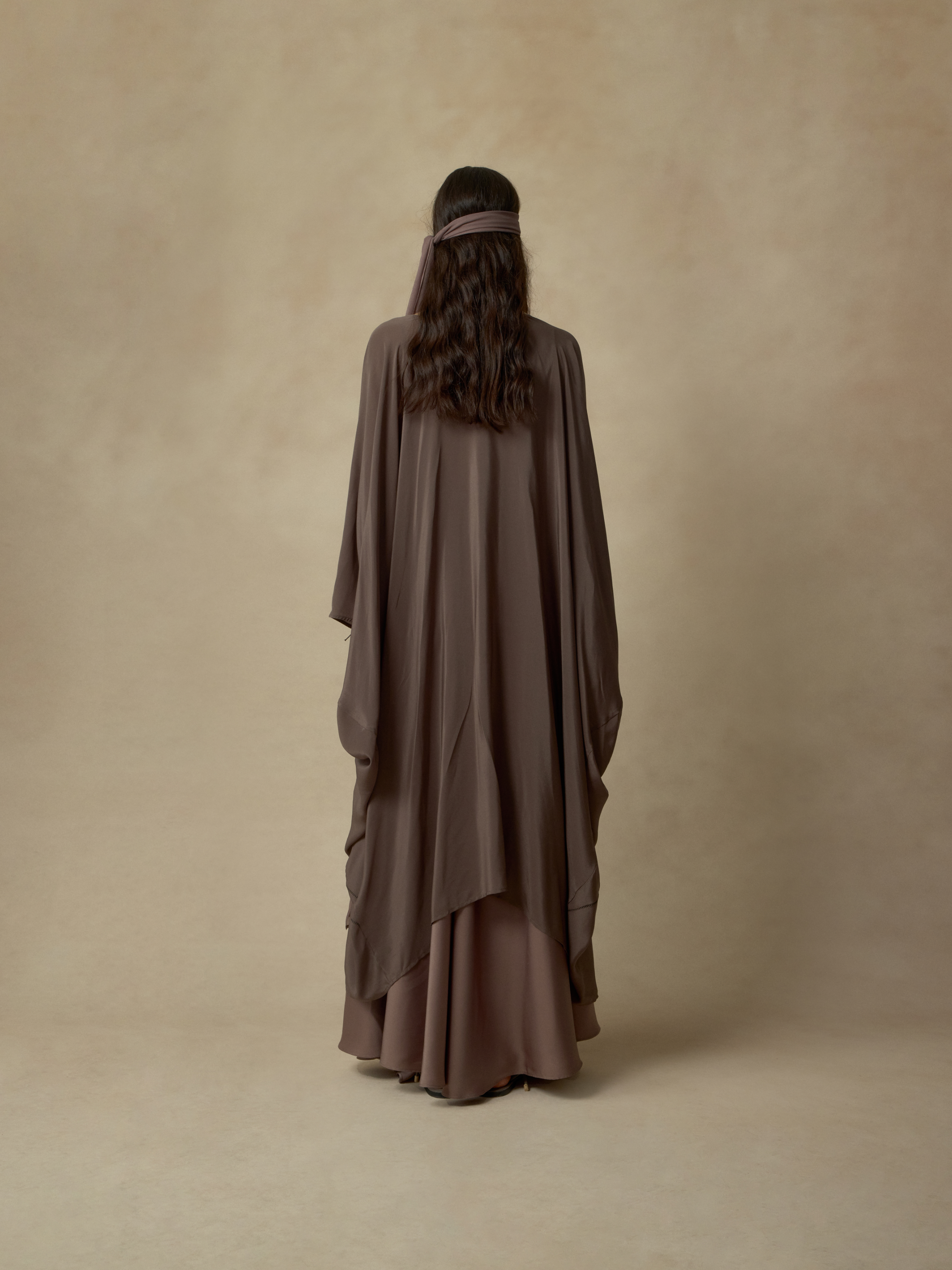 Violet Brown Silk Draped Long Coat