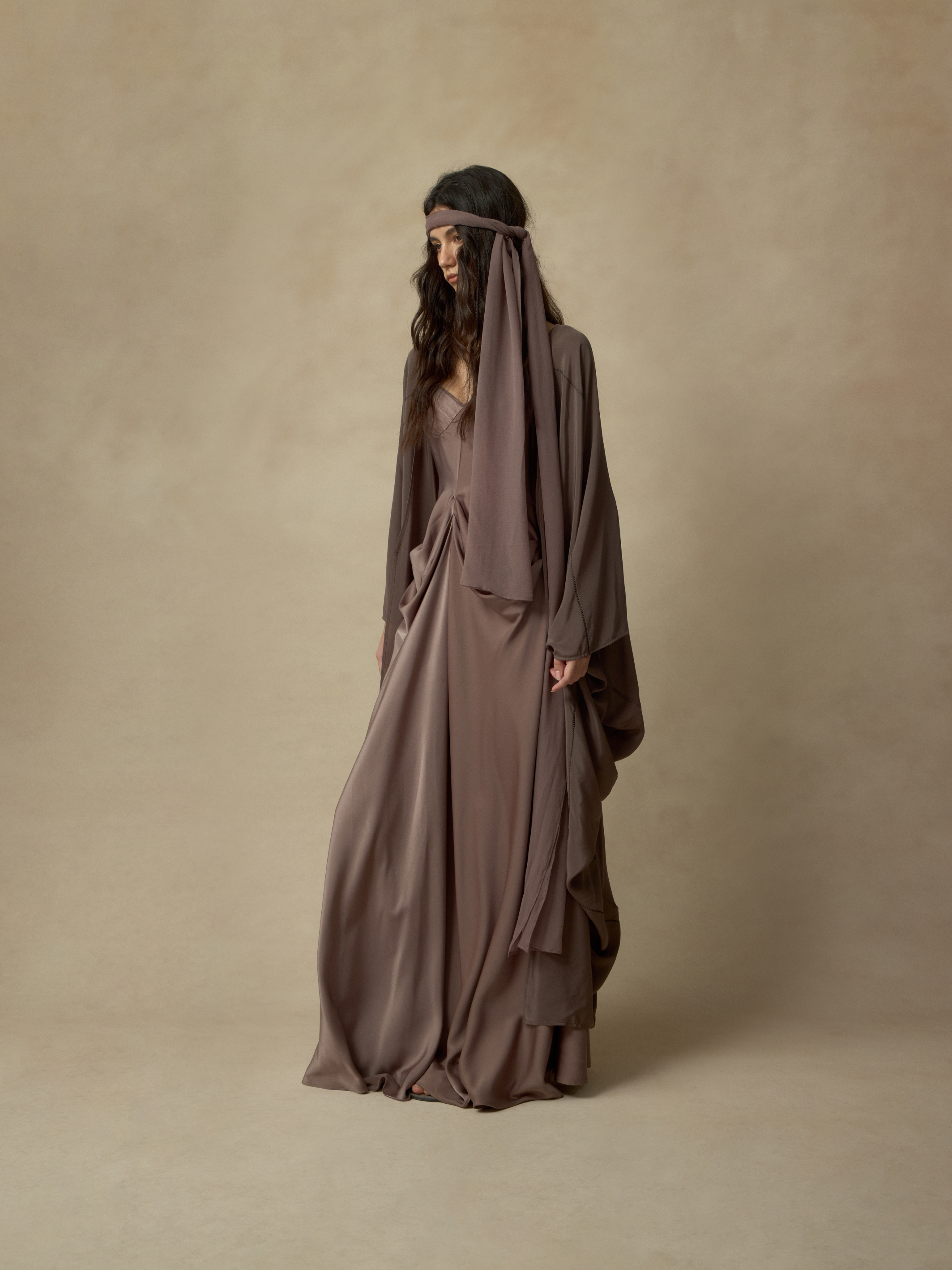 Violet Brown Silk Draped Long Coat