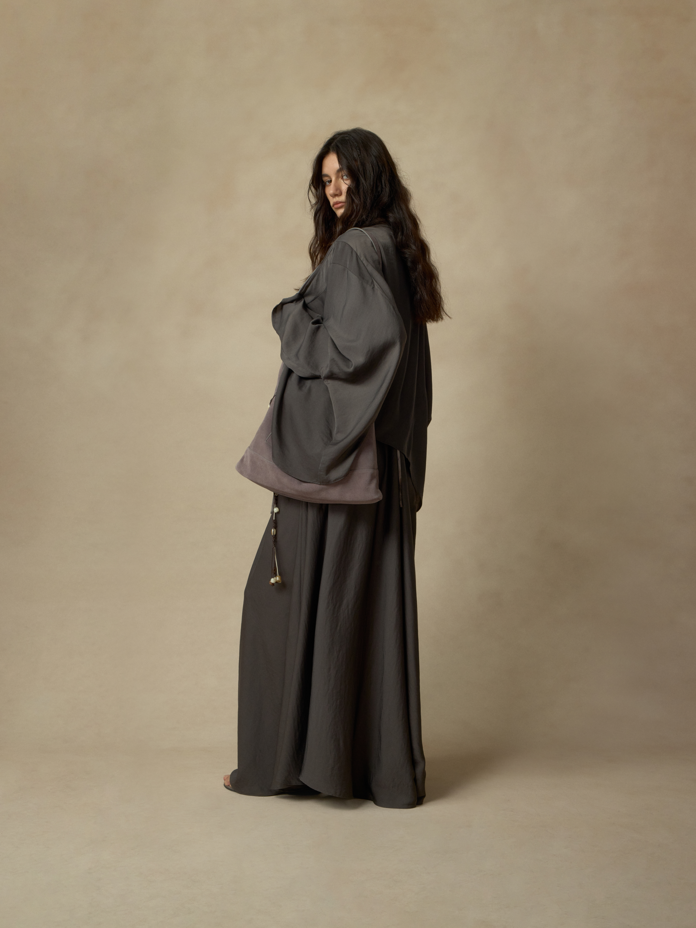 Gray Detachable Ribbon Crew Neck Top