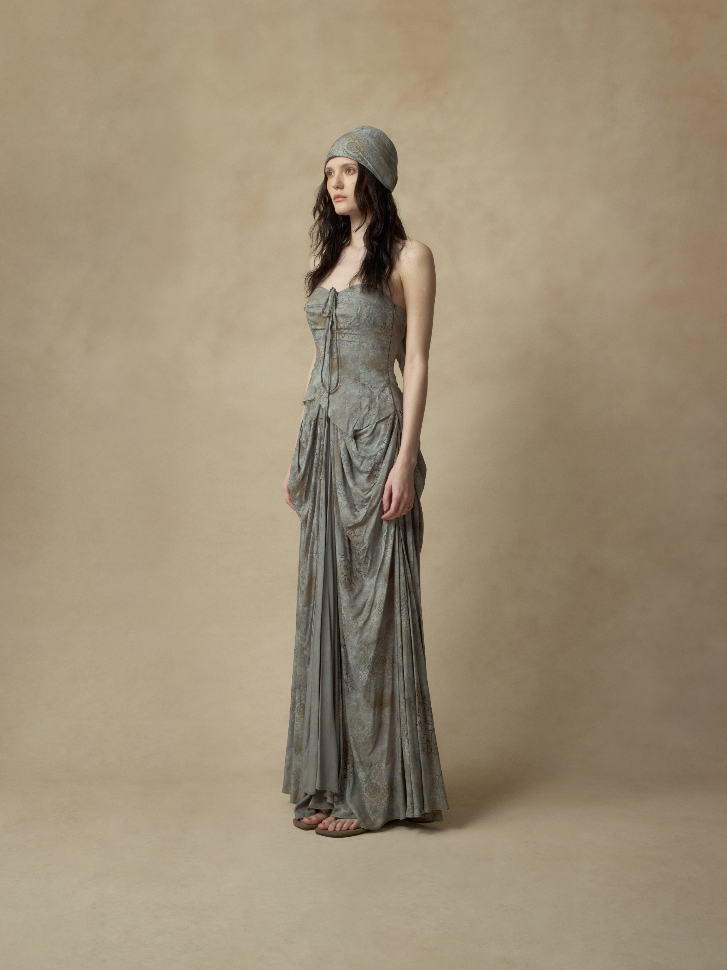 Blue Pin-Tucked Draped Bustier Dress