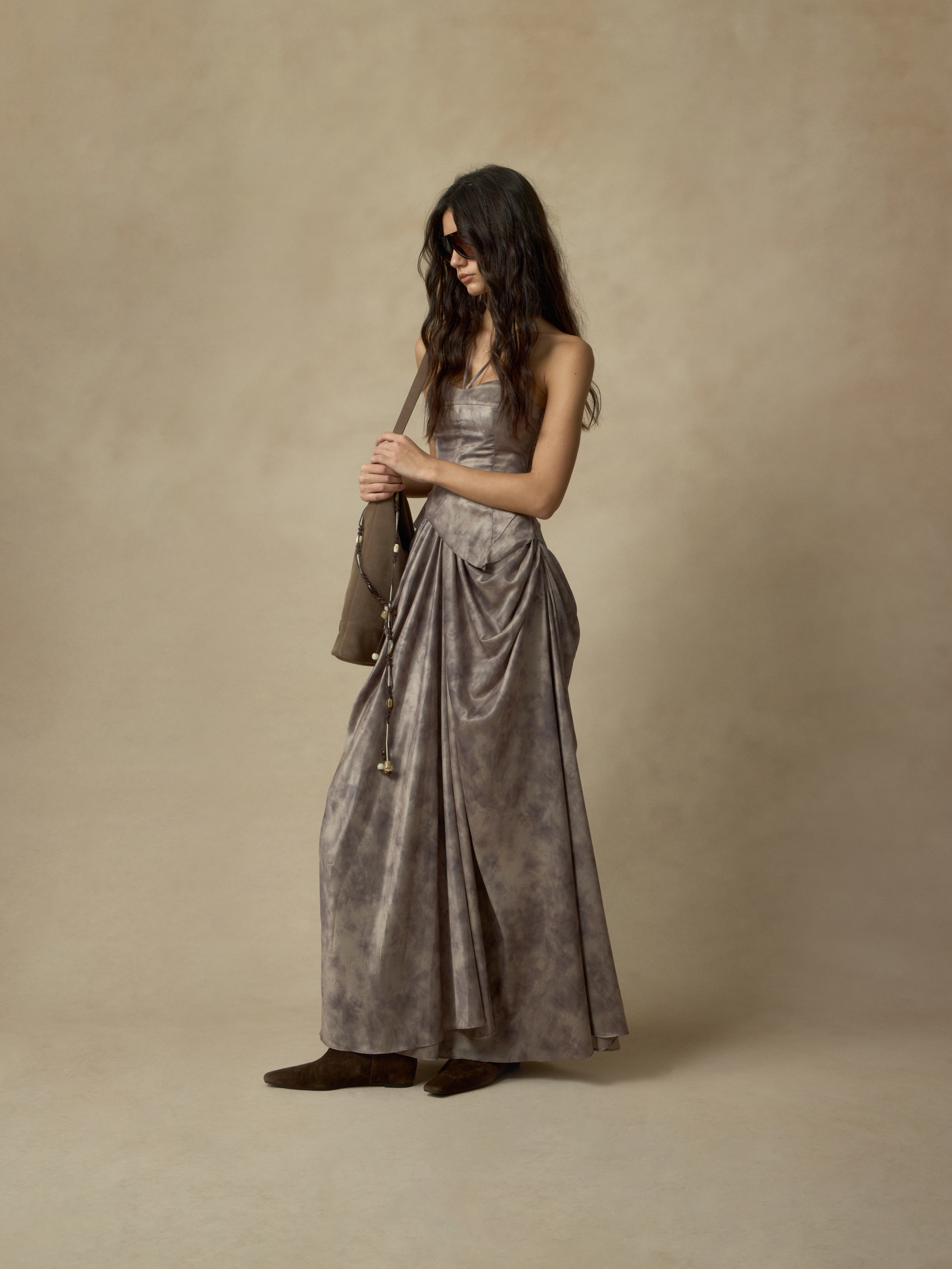Grey Brown Pin-Tucked Draped Bustier Dress