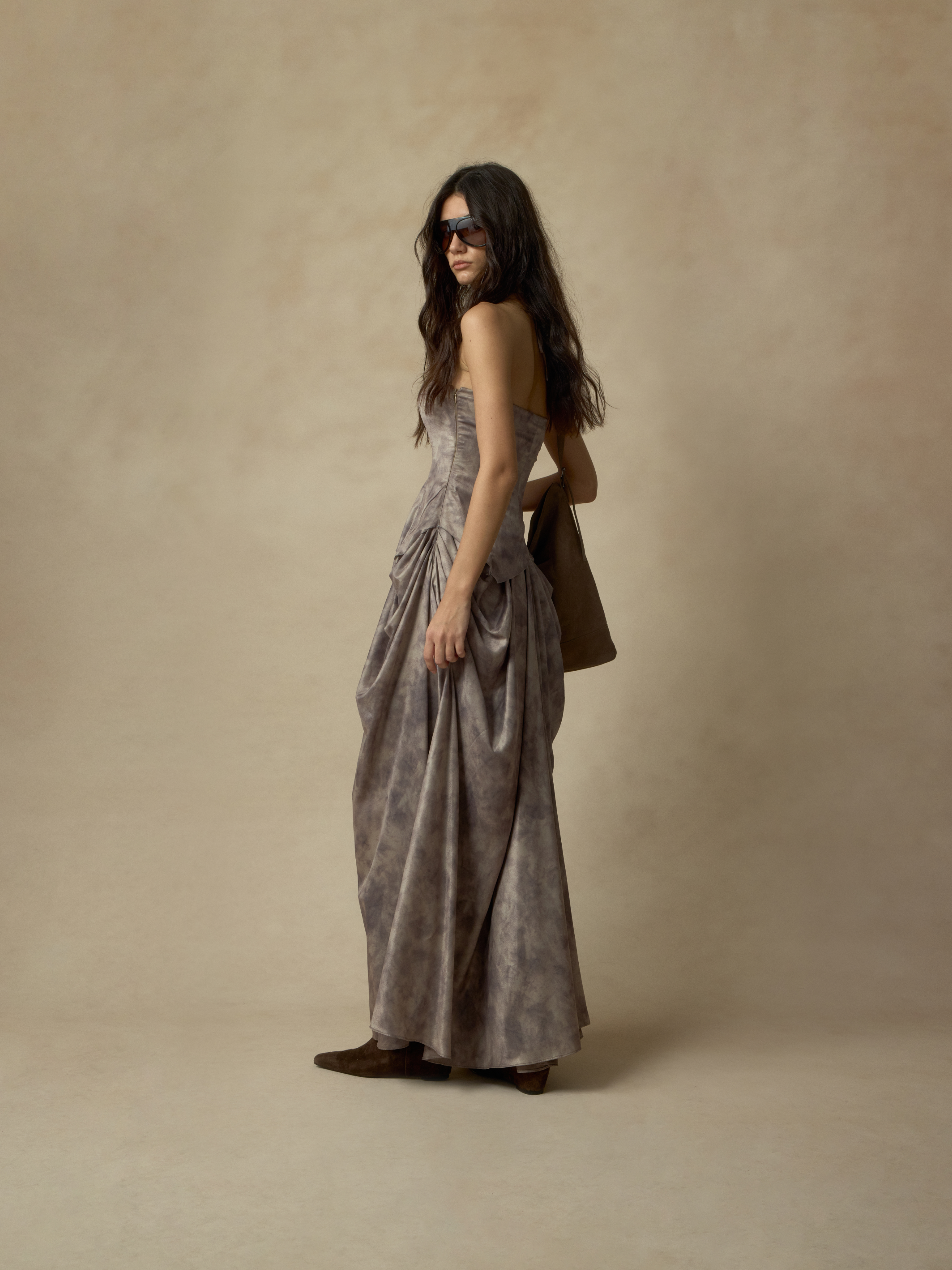 Grey Brown Pin-Tucked Draped Bustier Dress