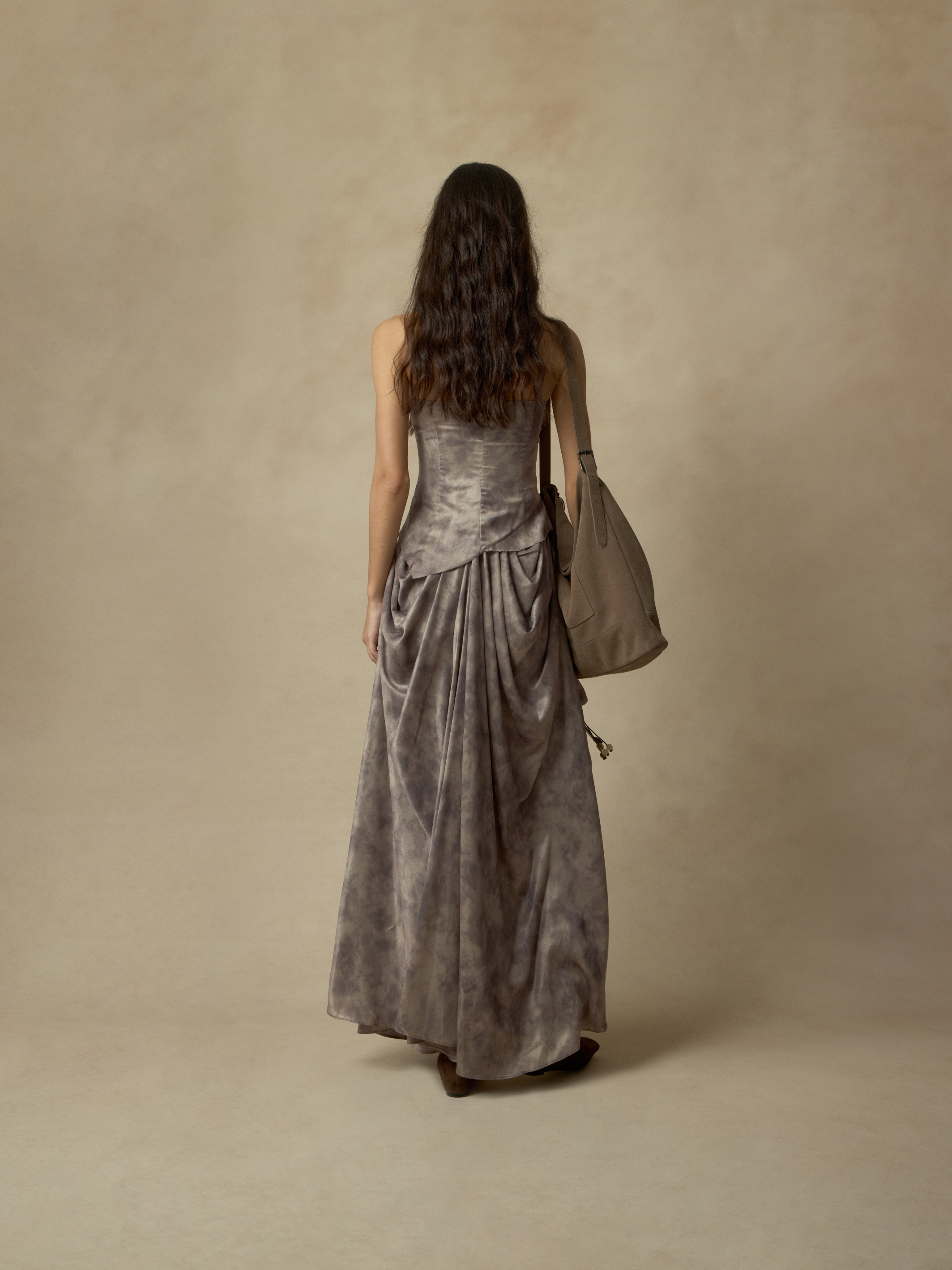 Grey Brown Pin-Tucked Draped Bustier Dress
