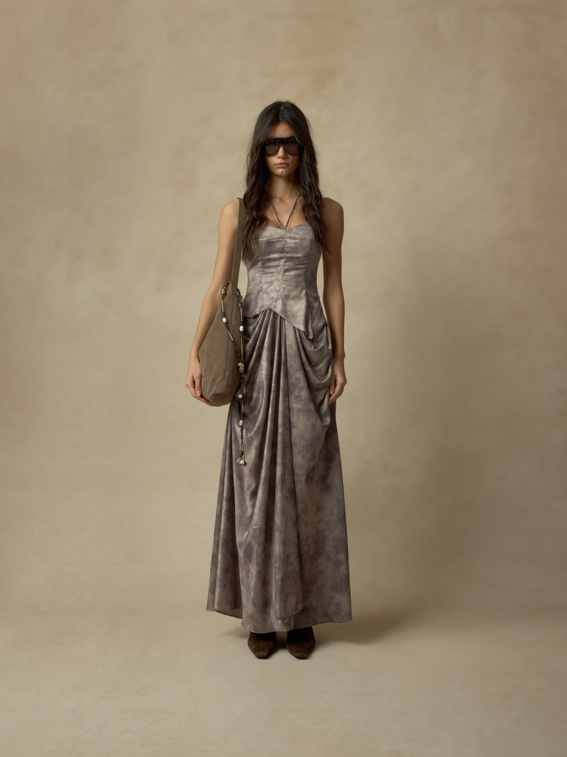 Grey Brown Pin-Tucked Draped Bustier Dress