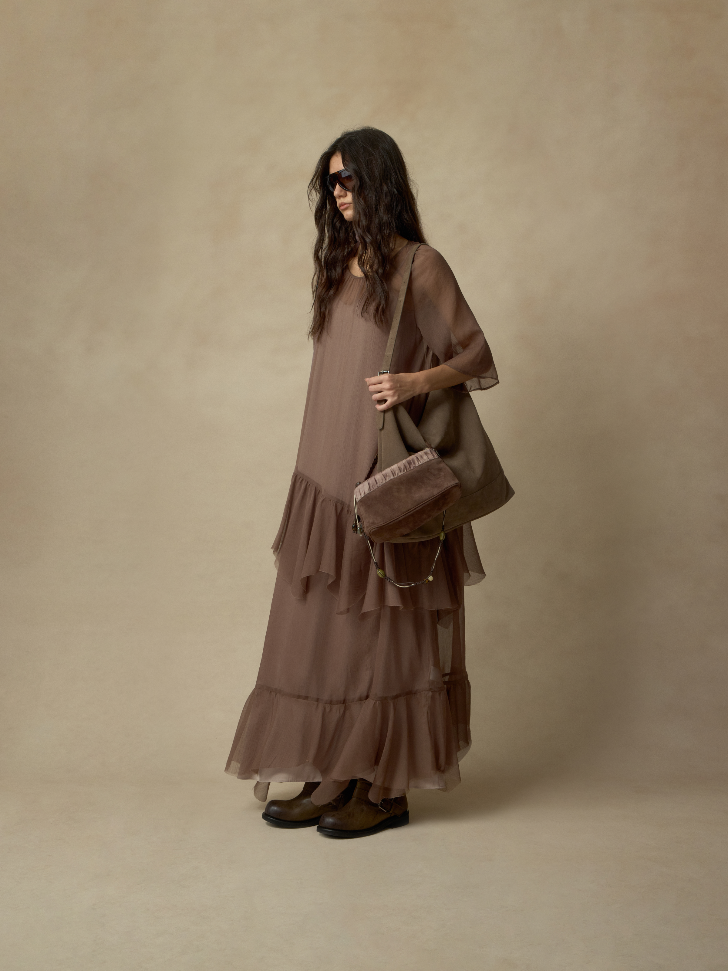 Light Brown Ruffled Two-Piece Maxi Dress