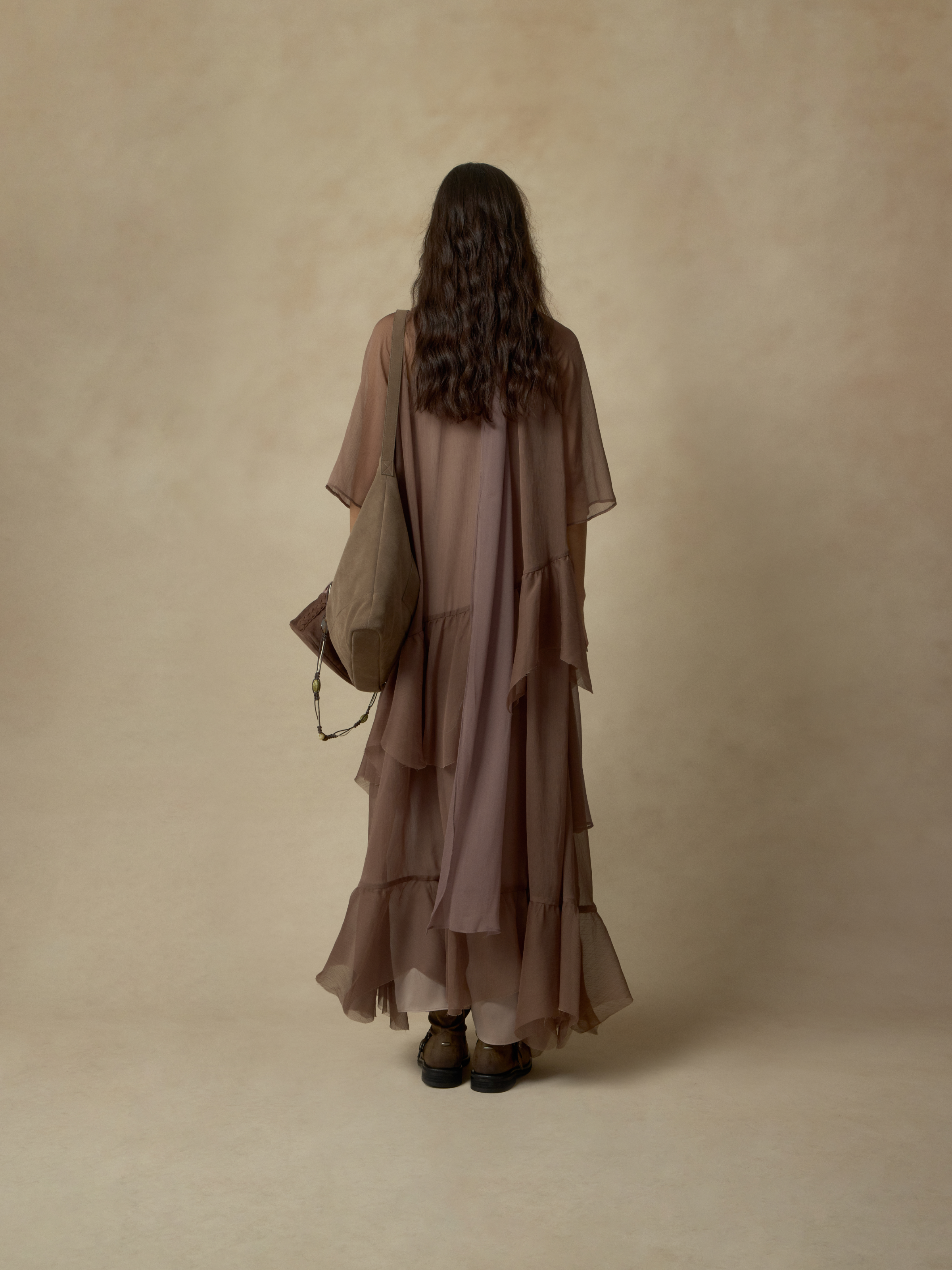Light Brown Ruffled Two-Piece Maxi Dress