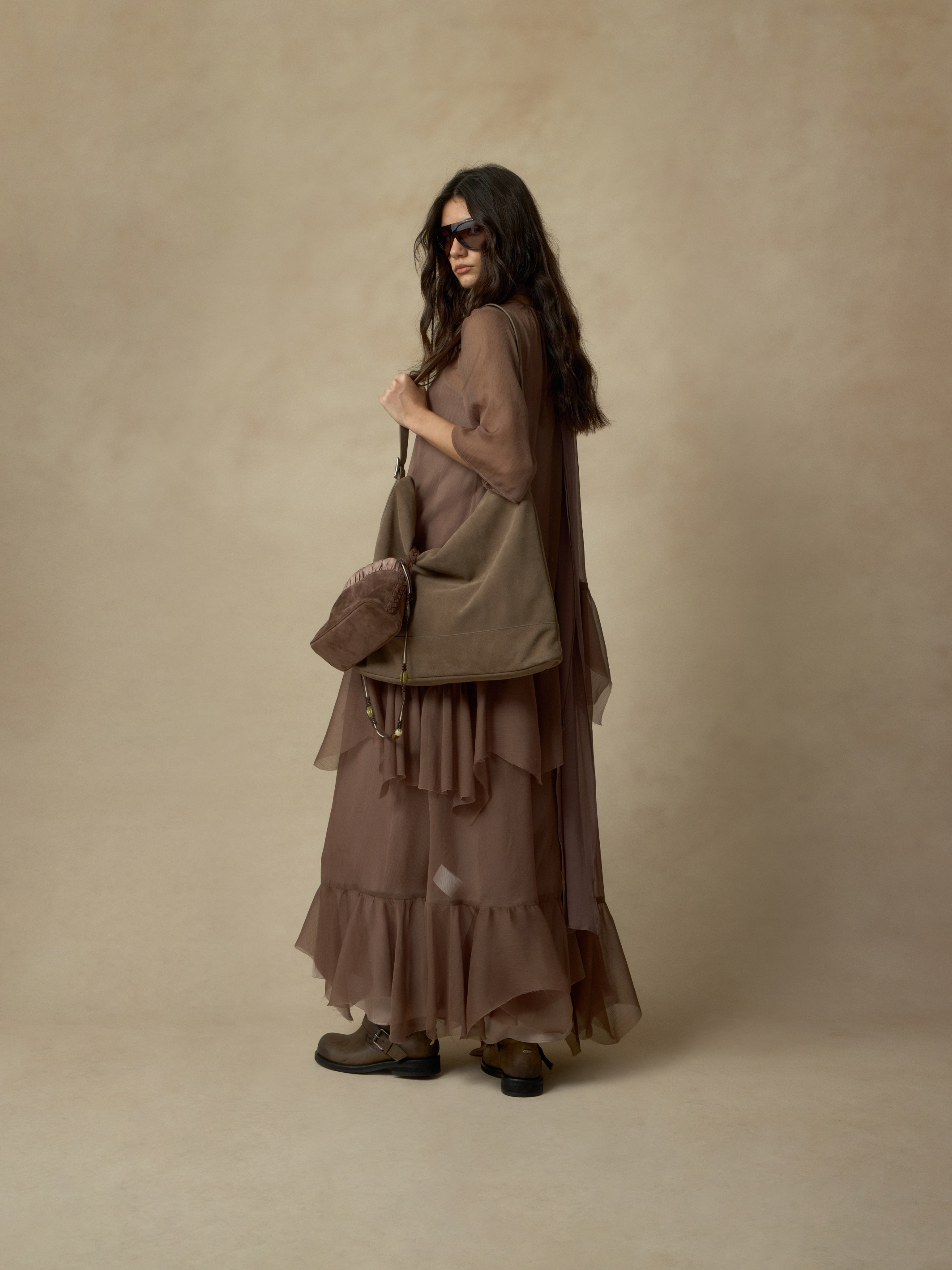 Light Brown Ruffled Two-Piece Maxi Dress