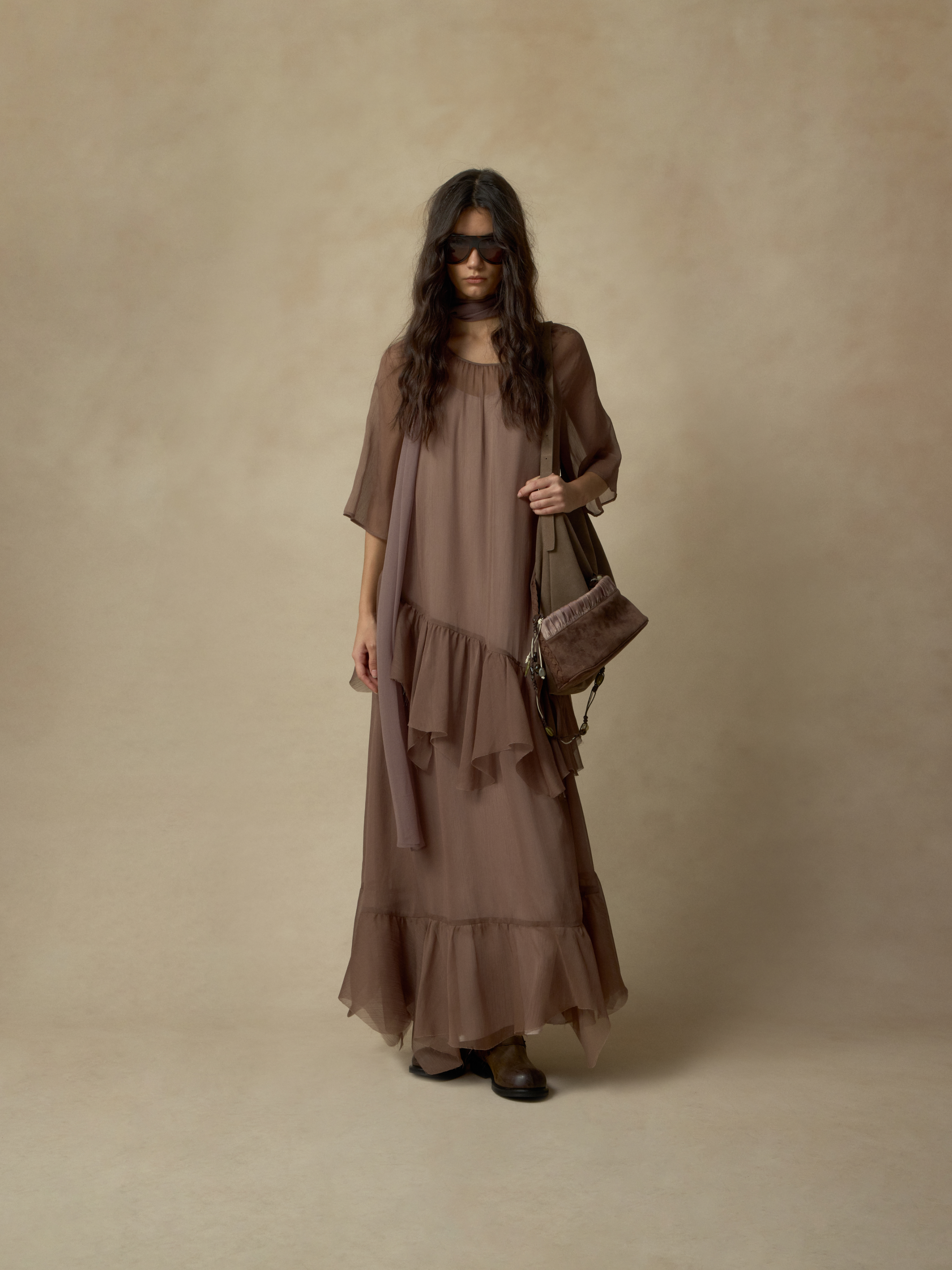 Light Brown Ruffled Two-Piece Maxi Dress