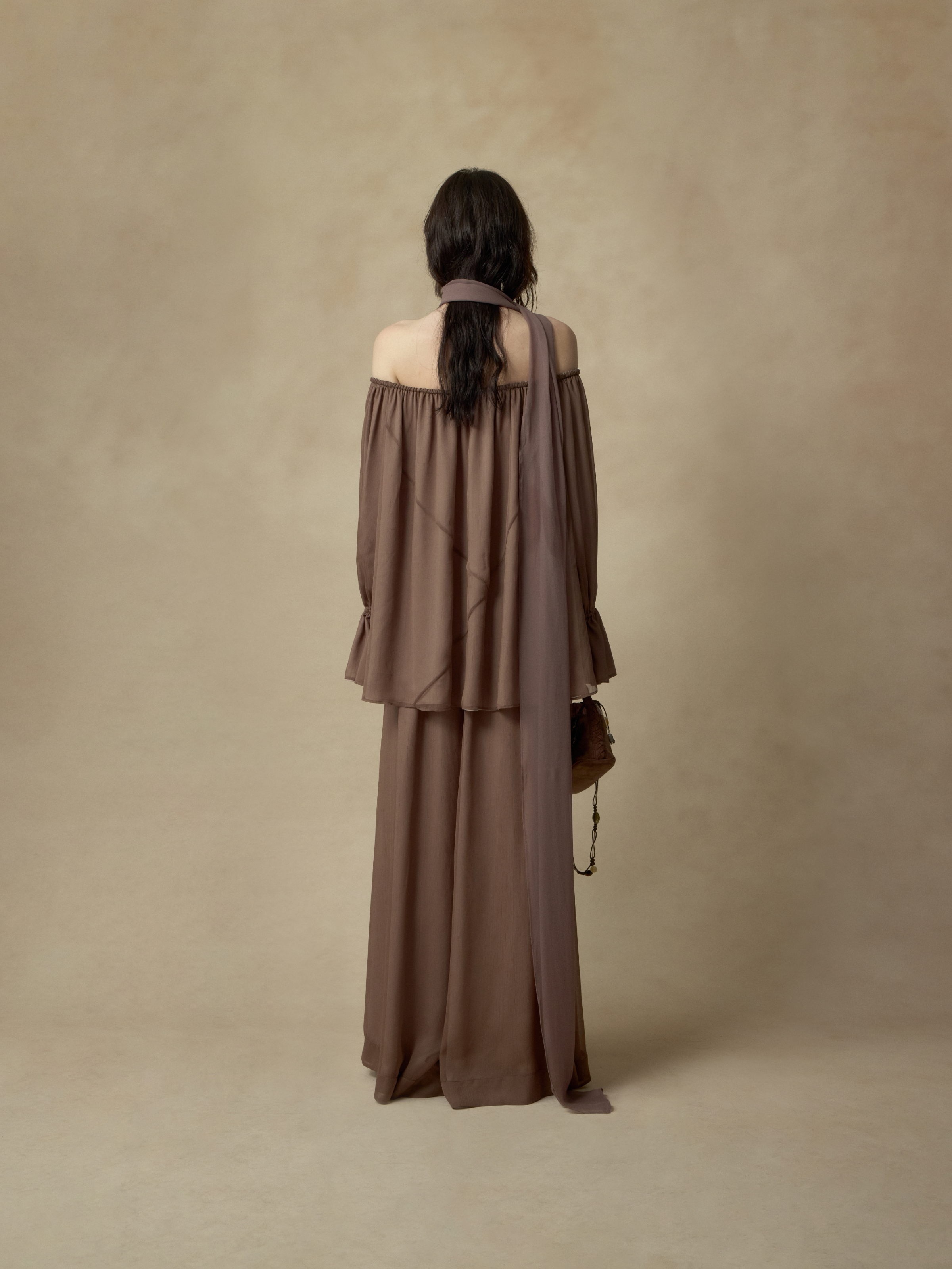 Pink Brown Paneled Ruched Off-the-Shoulder Top