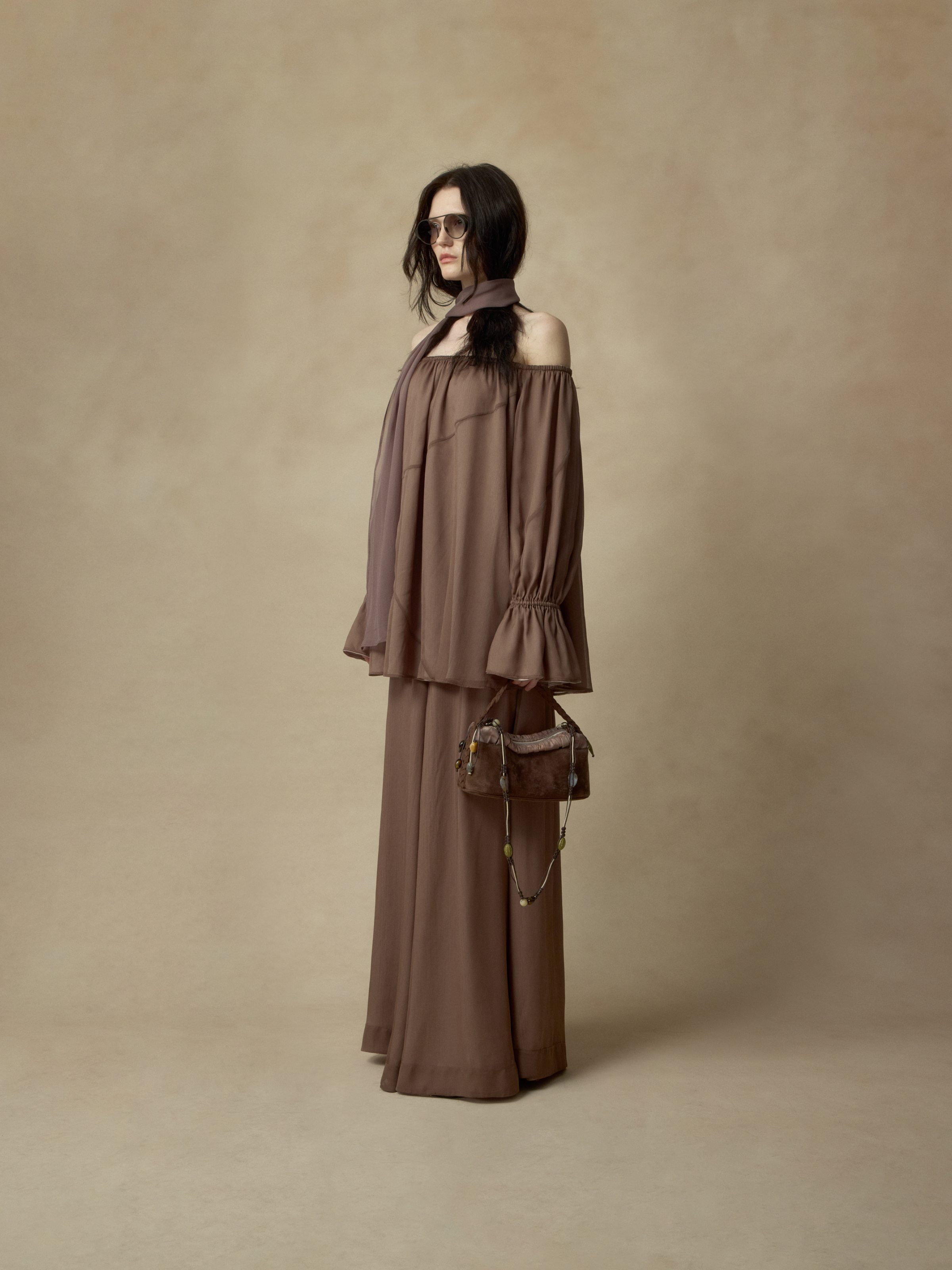 Pink Brown Paneled Ruched Off-the-Shoulder Top