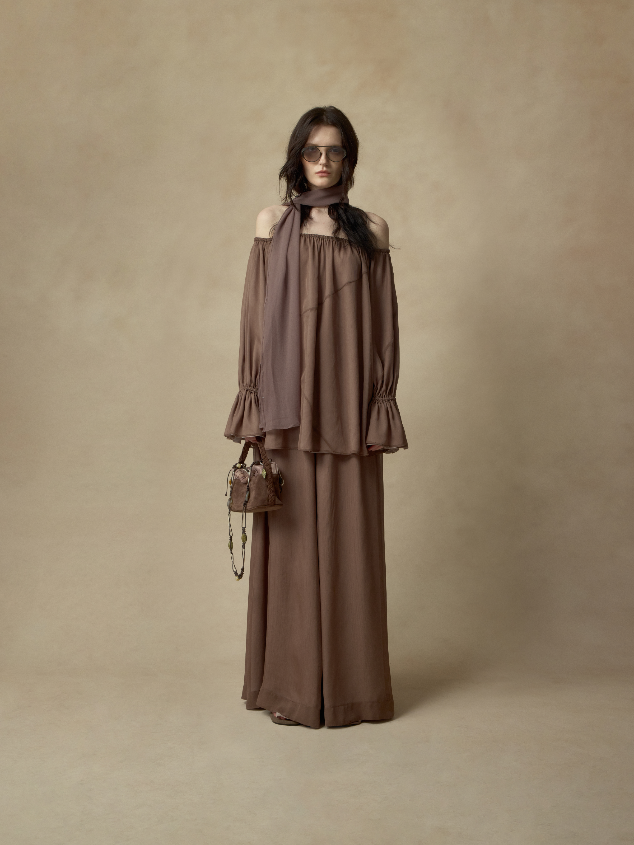 Pink Brown Draped Double-Layer Wide-Leg Pants