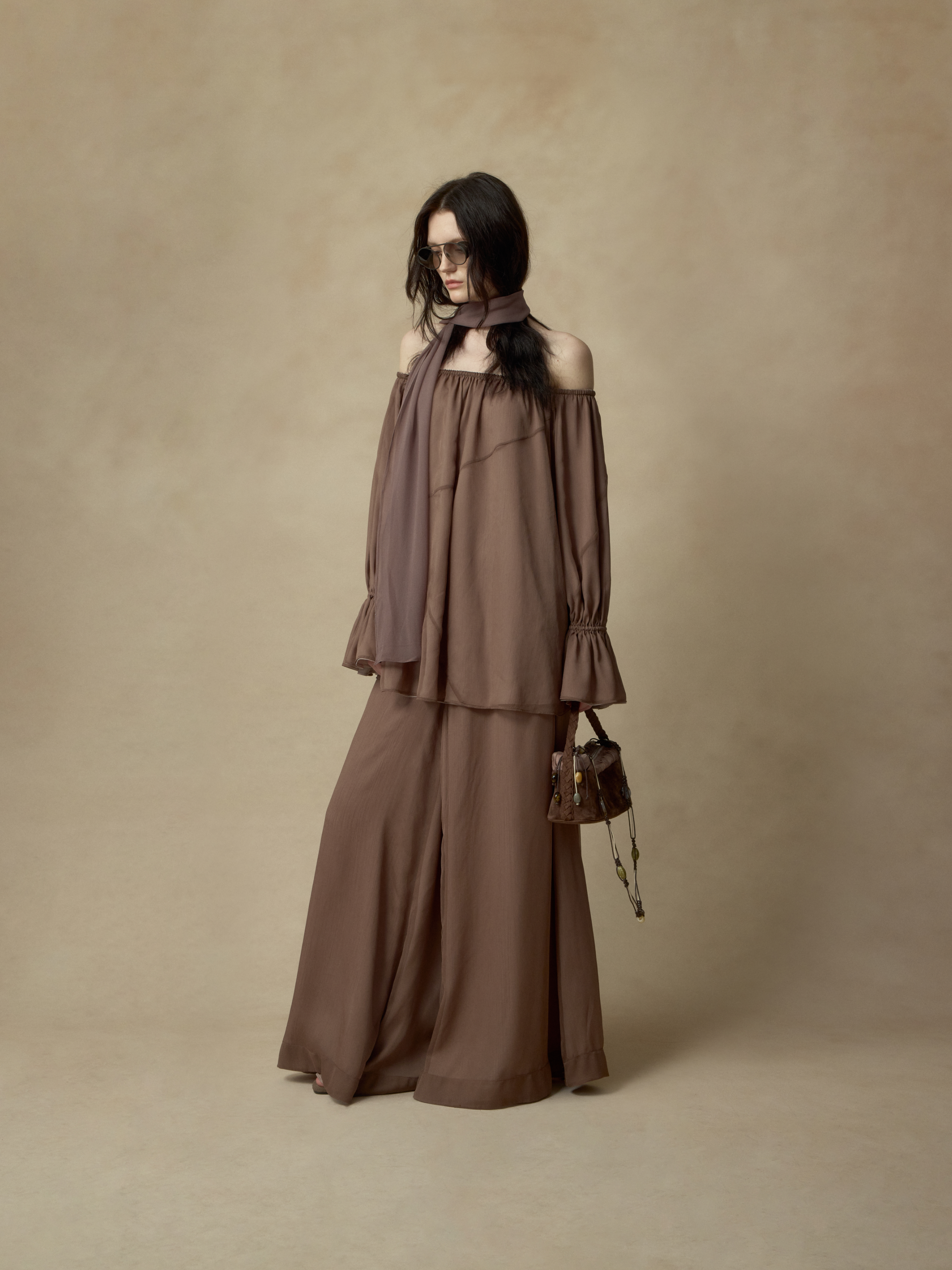 Pink Brown Draped Double-Layer Wide-Leg Pants