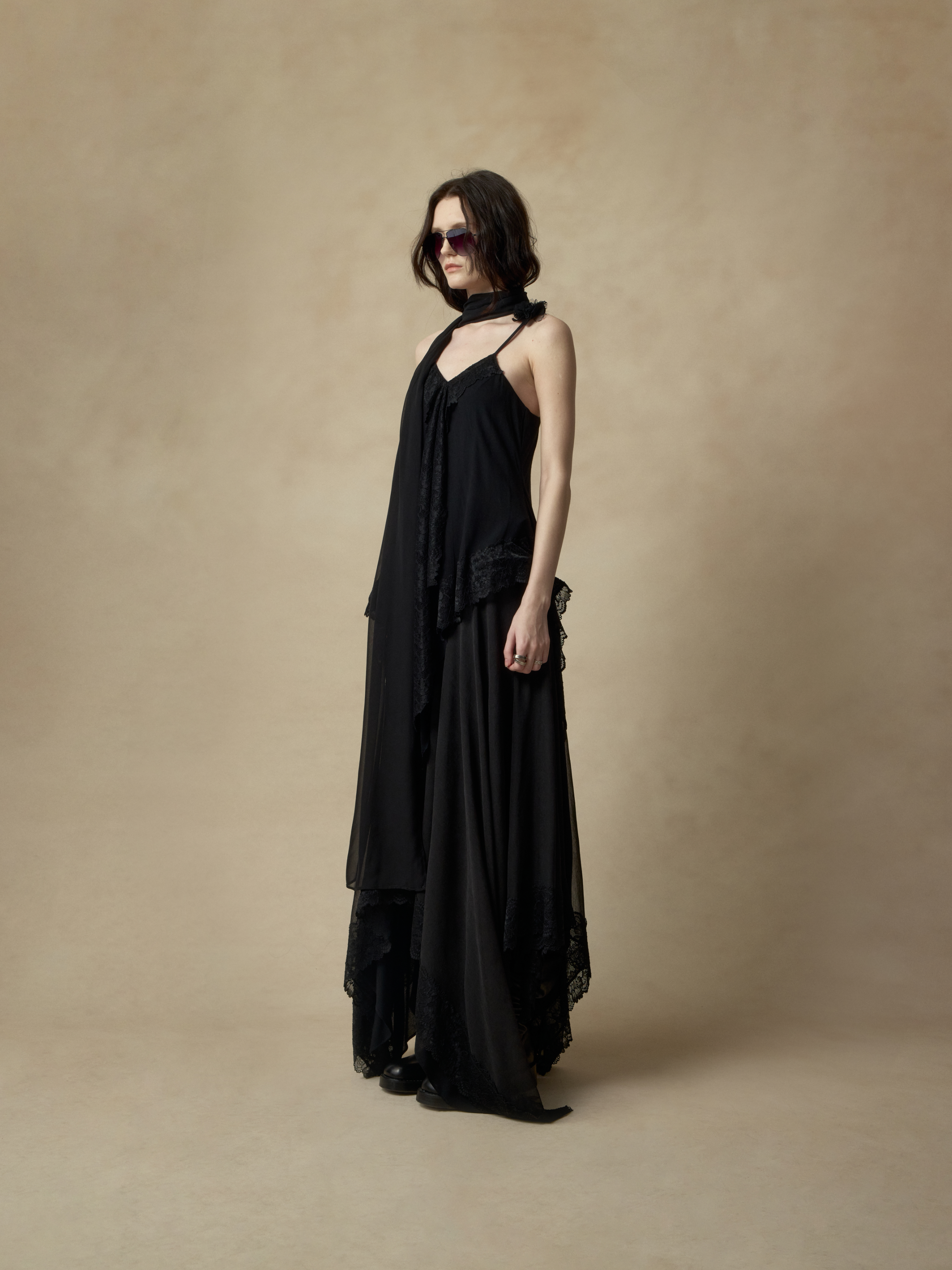 Black Pleated Lace Asymmetrical Top