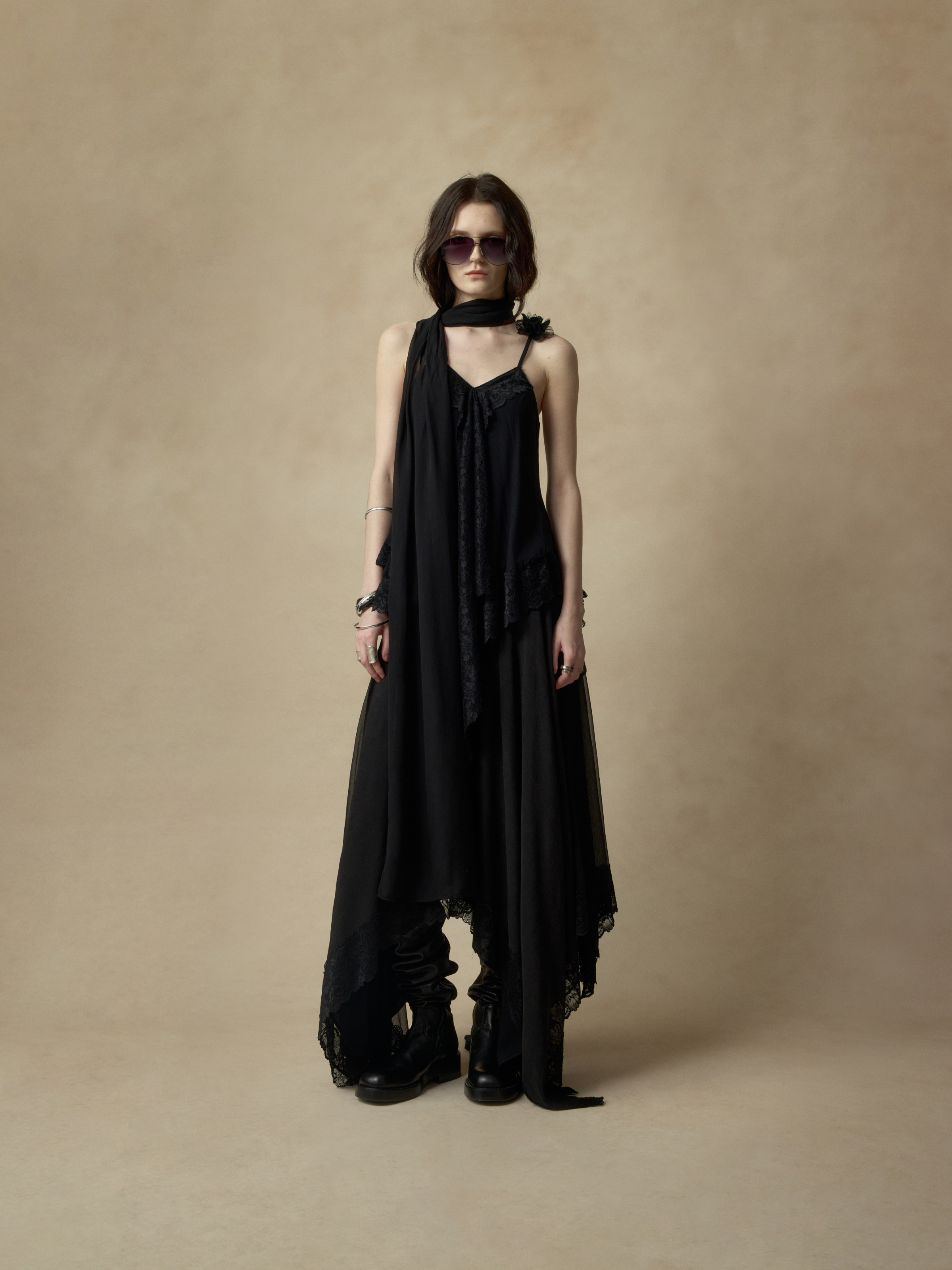 Black Pleated Lace Asymmetrical Top