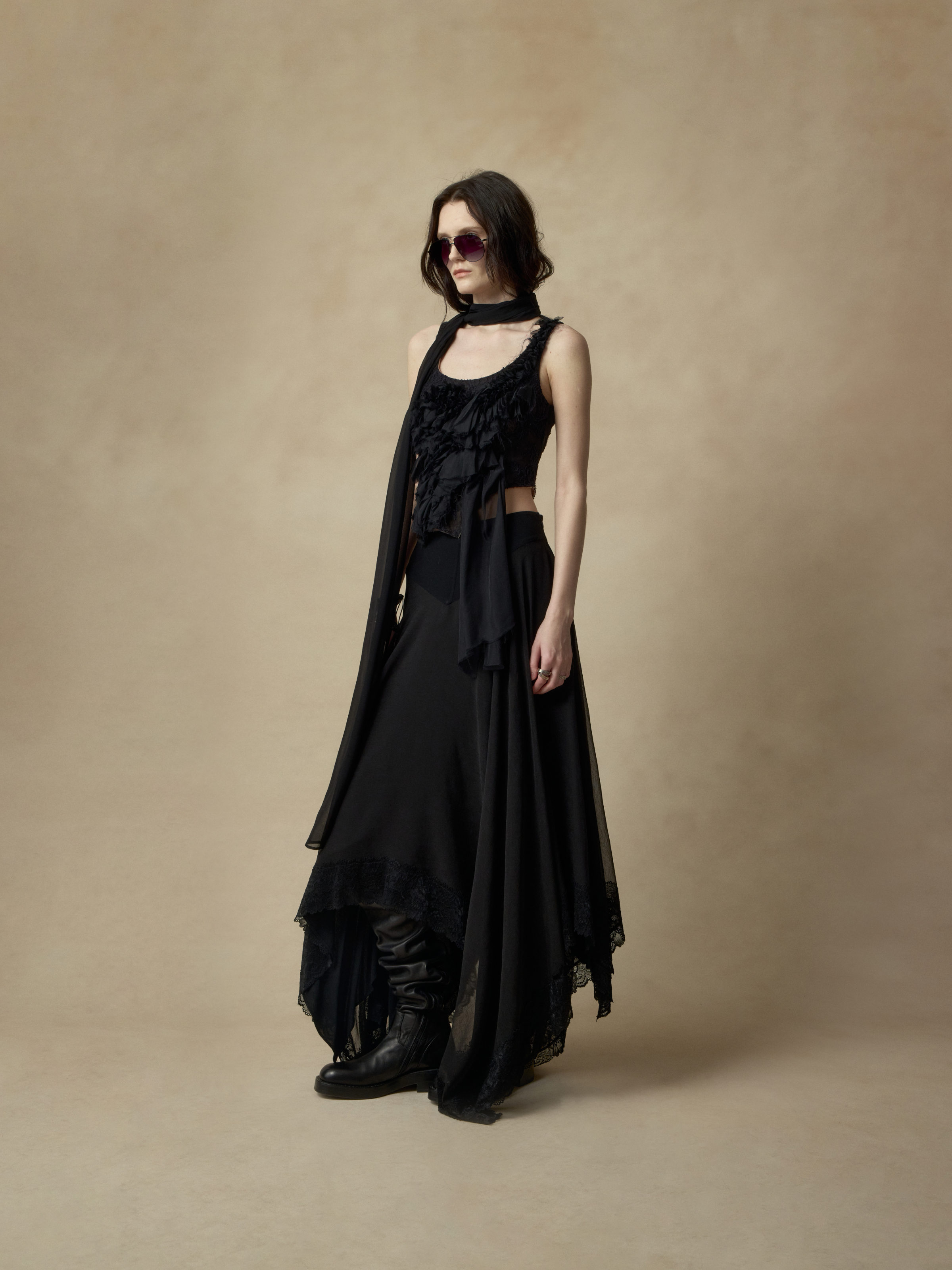 Black Lace Panel Asymmetrical Skirt