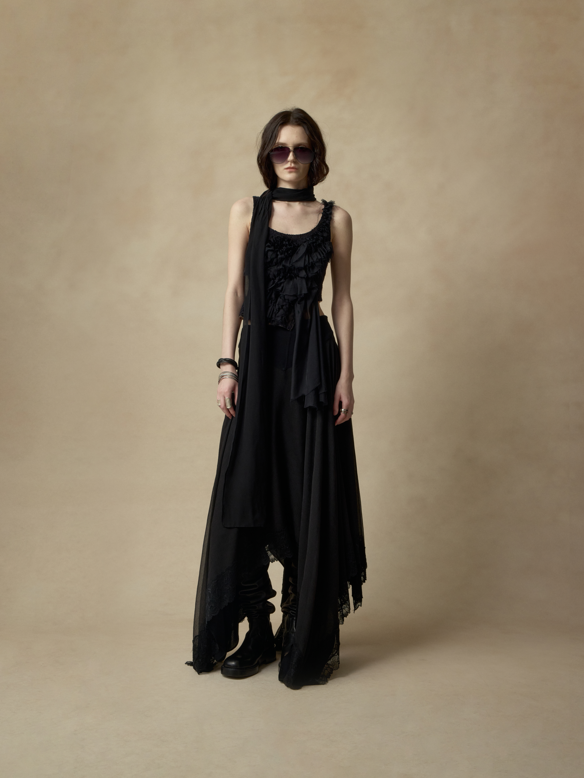 Black Lace Panel Asymmetrical Skirt