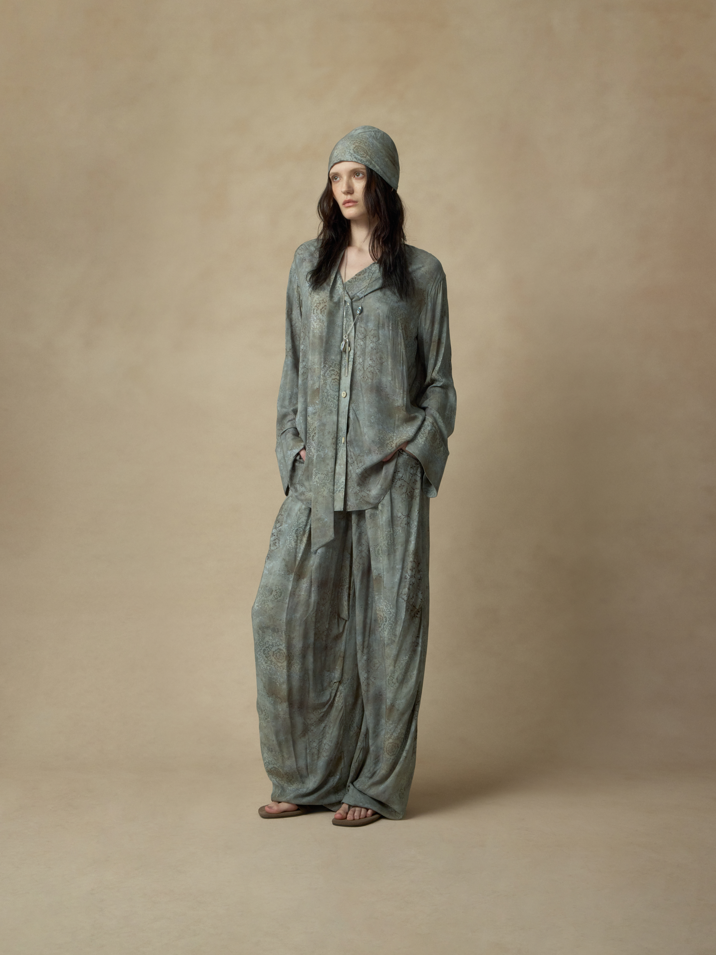 Vintage Printed Pleated Wide-leg Pants