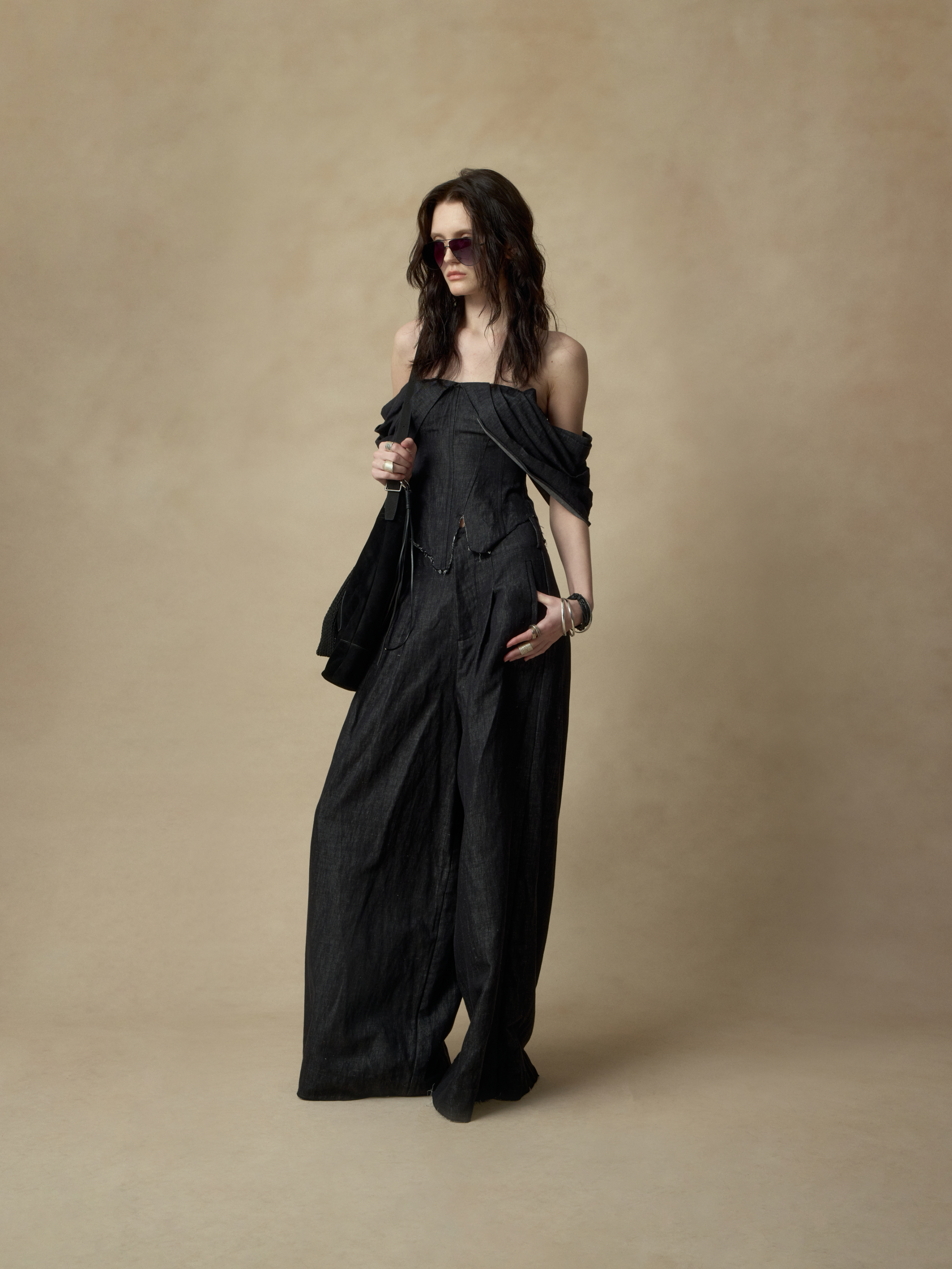 Denim Waist Tie Pleated Wide-leg Pants