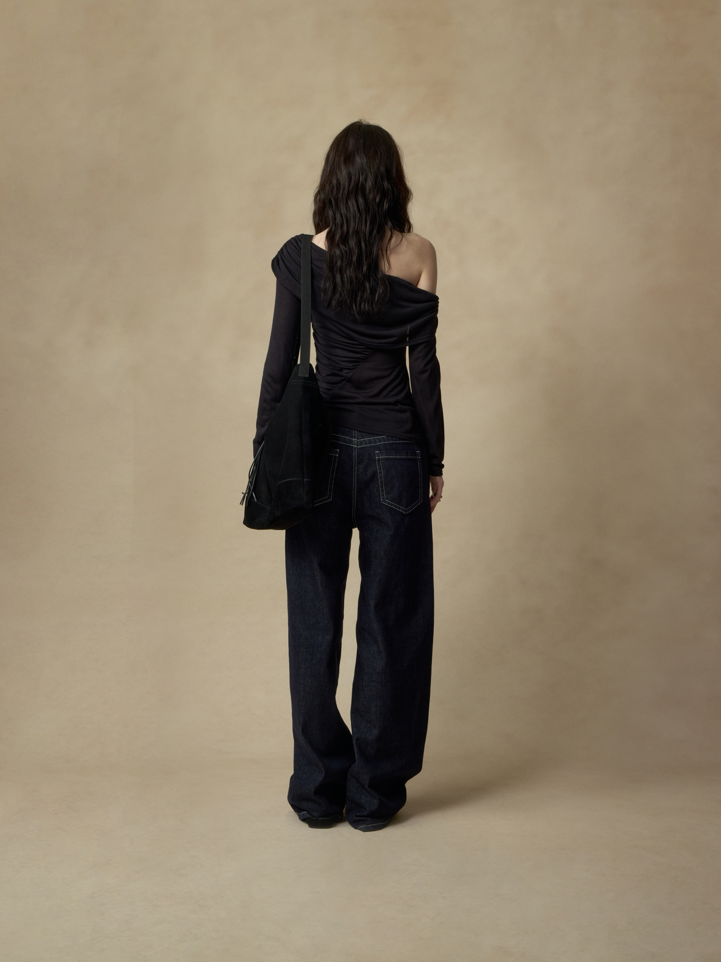 Black Asymmetrical Gathered Off-shoulder Top