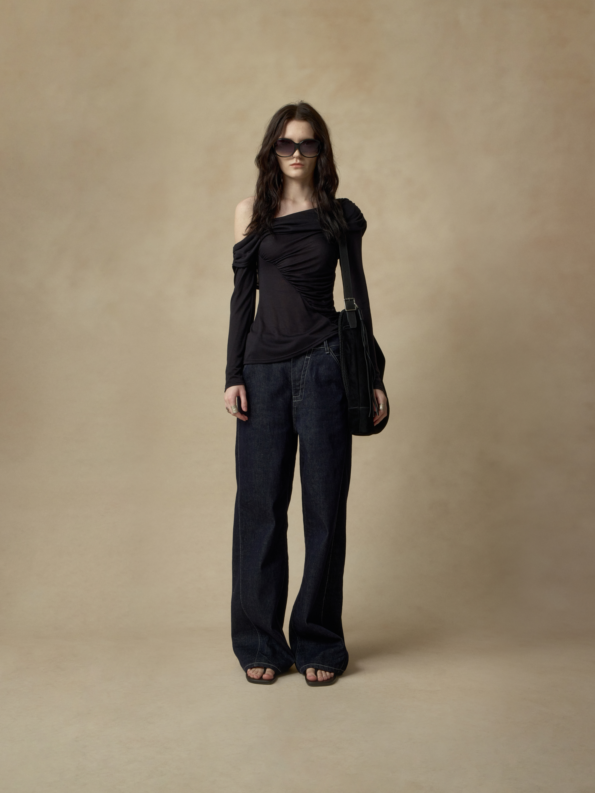 Black Asymmetrical Gathered Off-shoulder Top