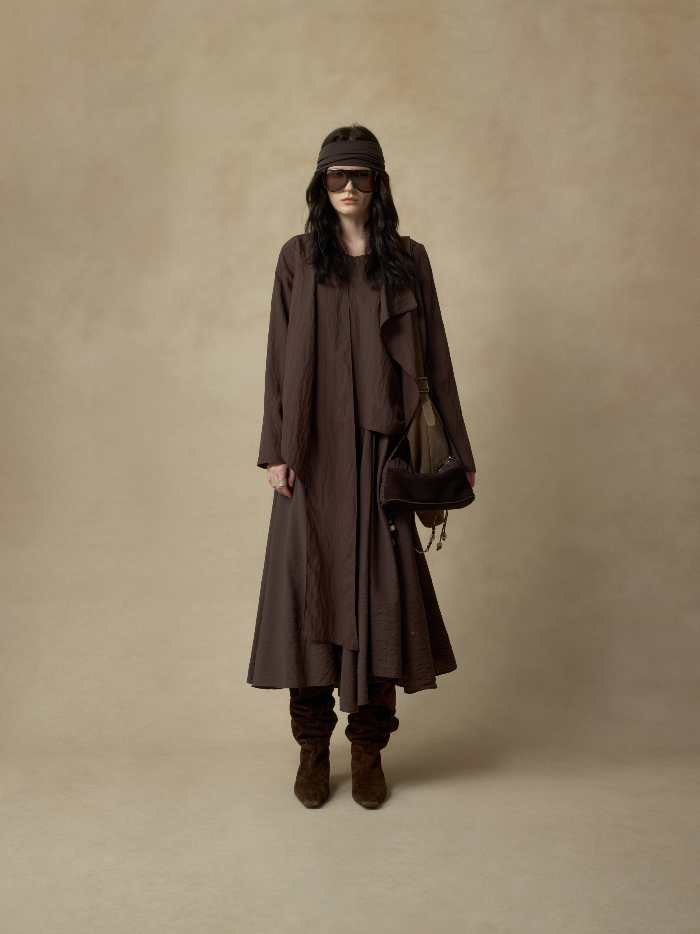 Brown Asymmetrical Dry Silk Crew Neck Shirt