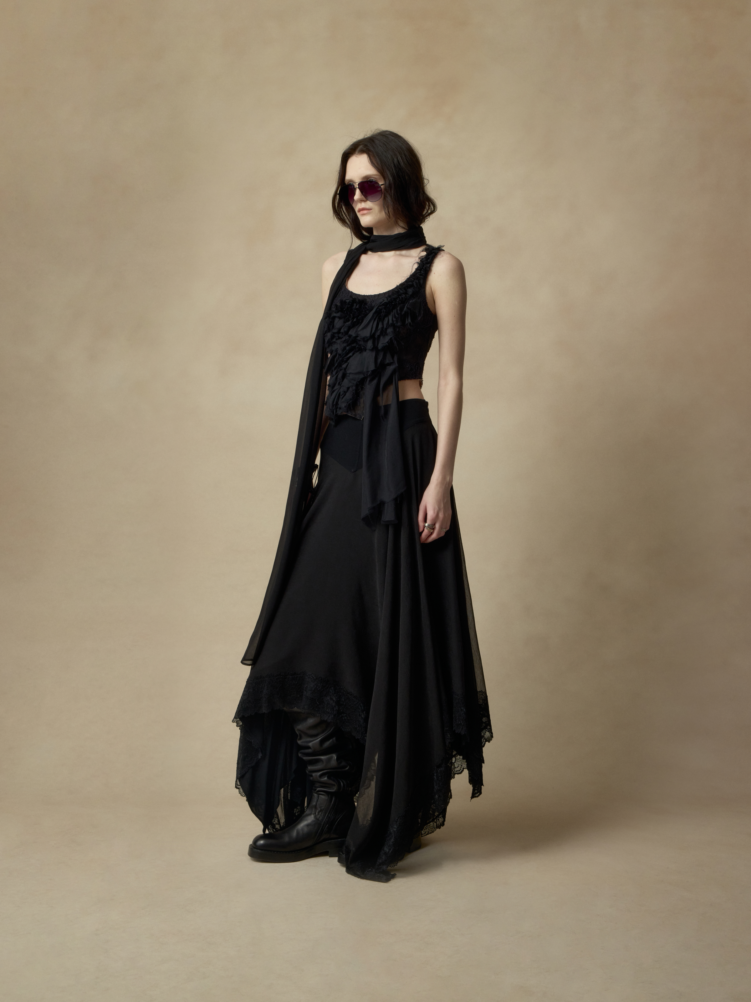 Black Asymmetrical Silk Lace Camisole