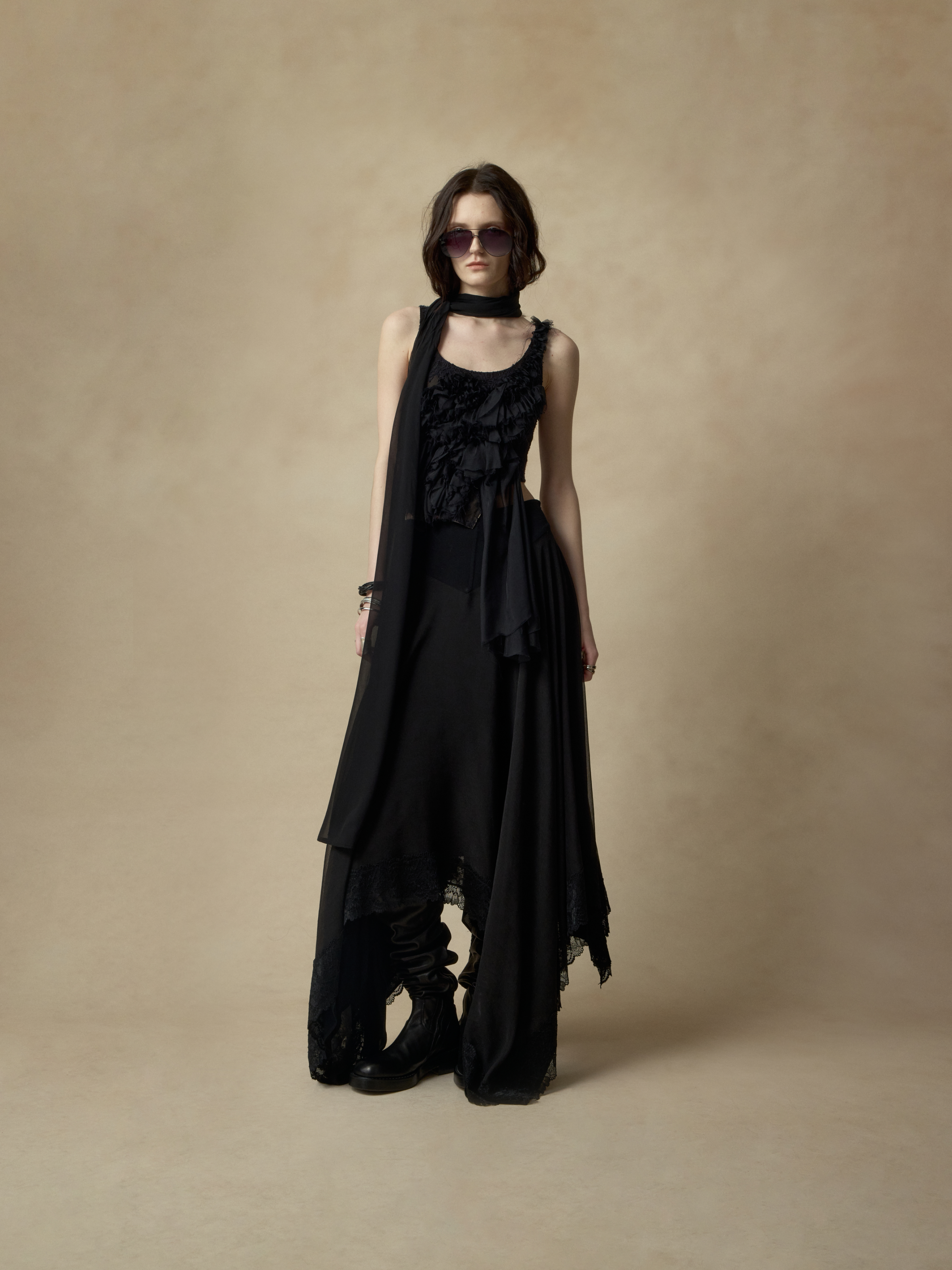 Black Asymmetrical Silk Lace Camisole