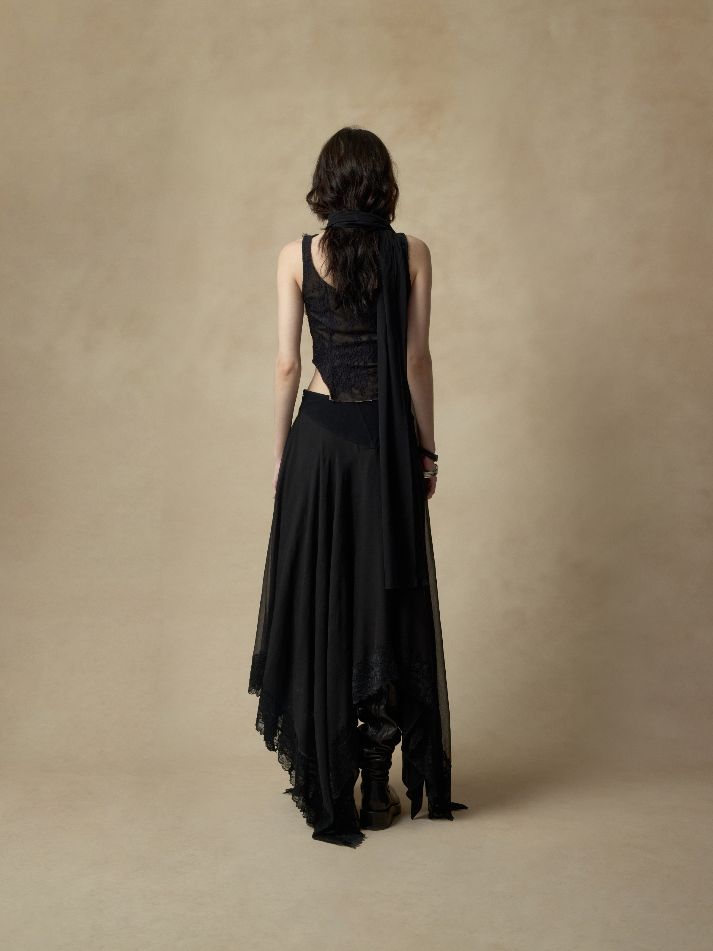 Black Asymmetrical Silk Lace Camisole