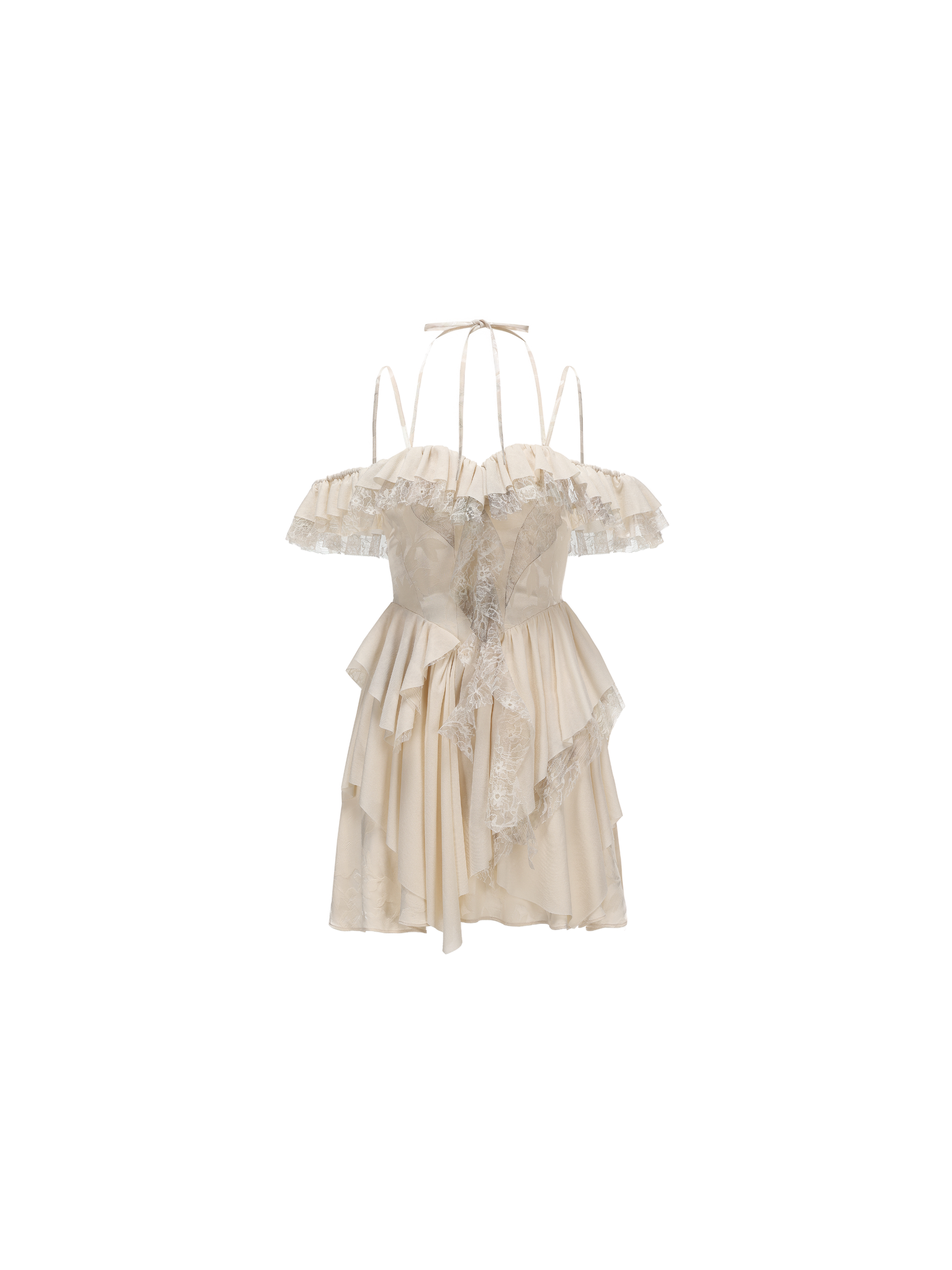 Beige Lace Hemline Off-shoulder Mini Dress