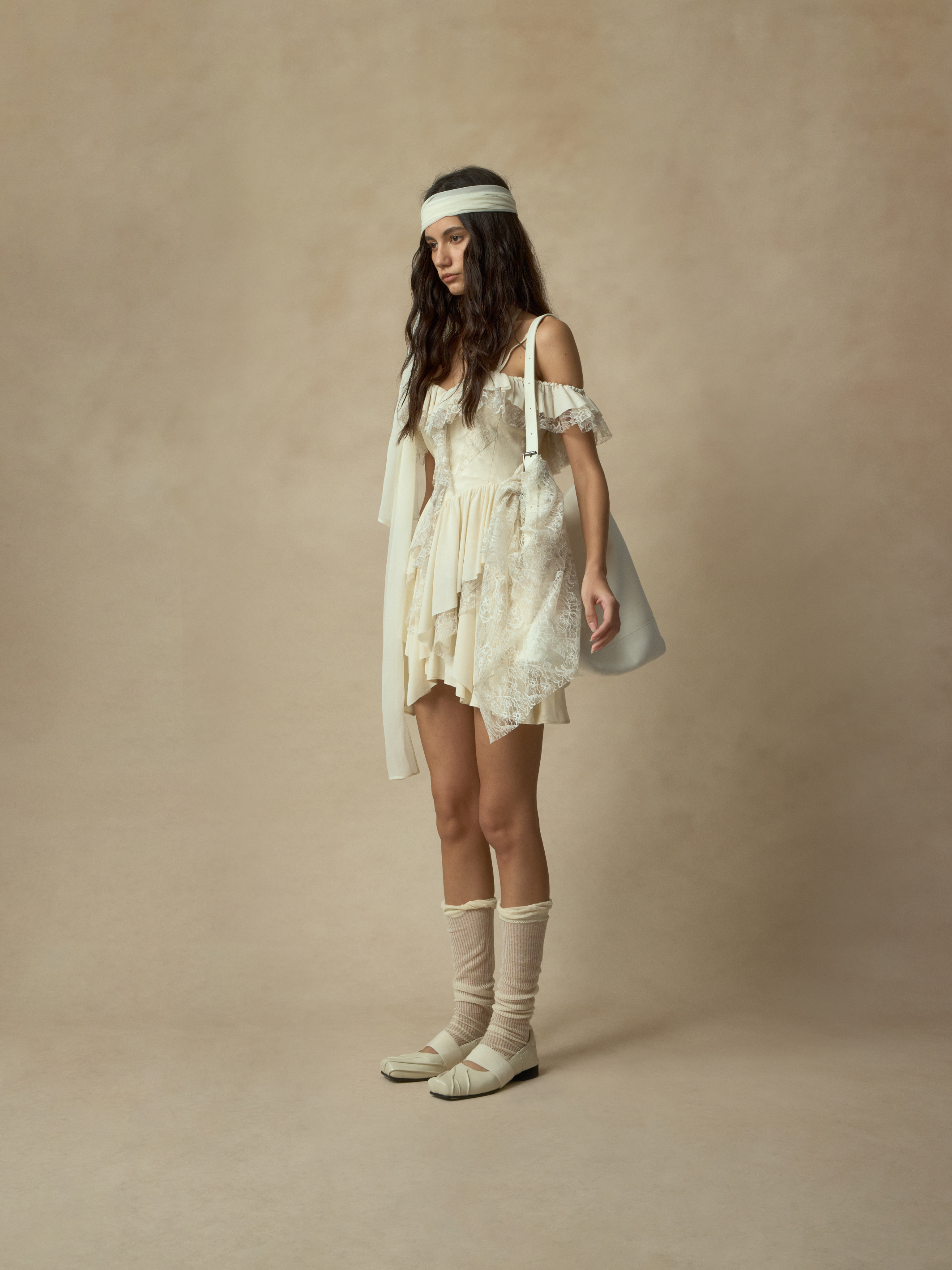 Beige Lace Hemline Off-shoulder Mini Dress