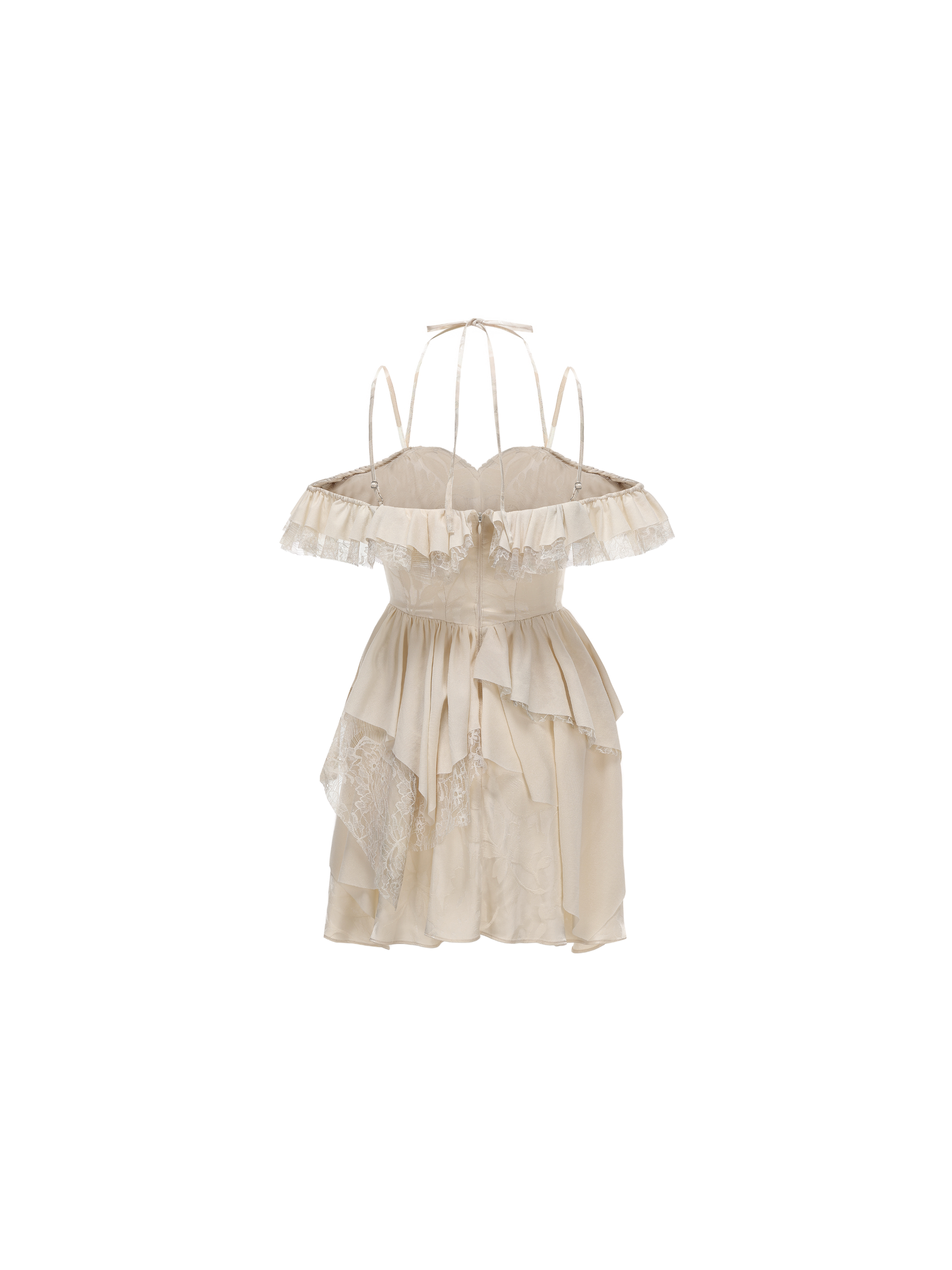 Beige Lace Hemline Off-shoulder Mini Dress