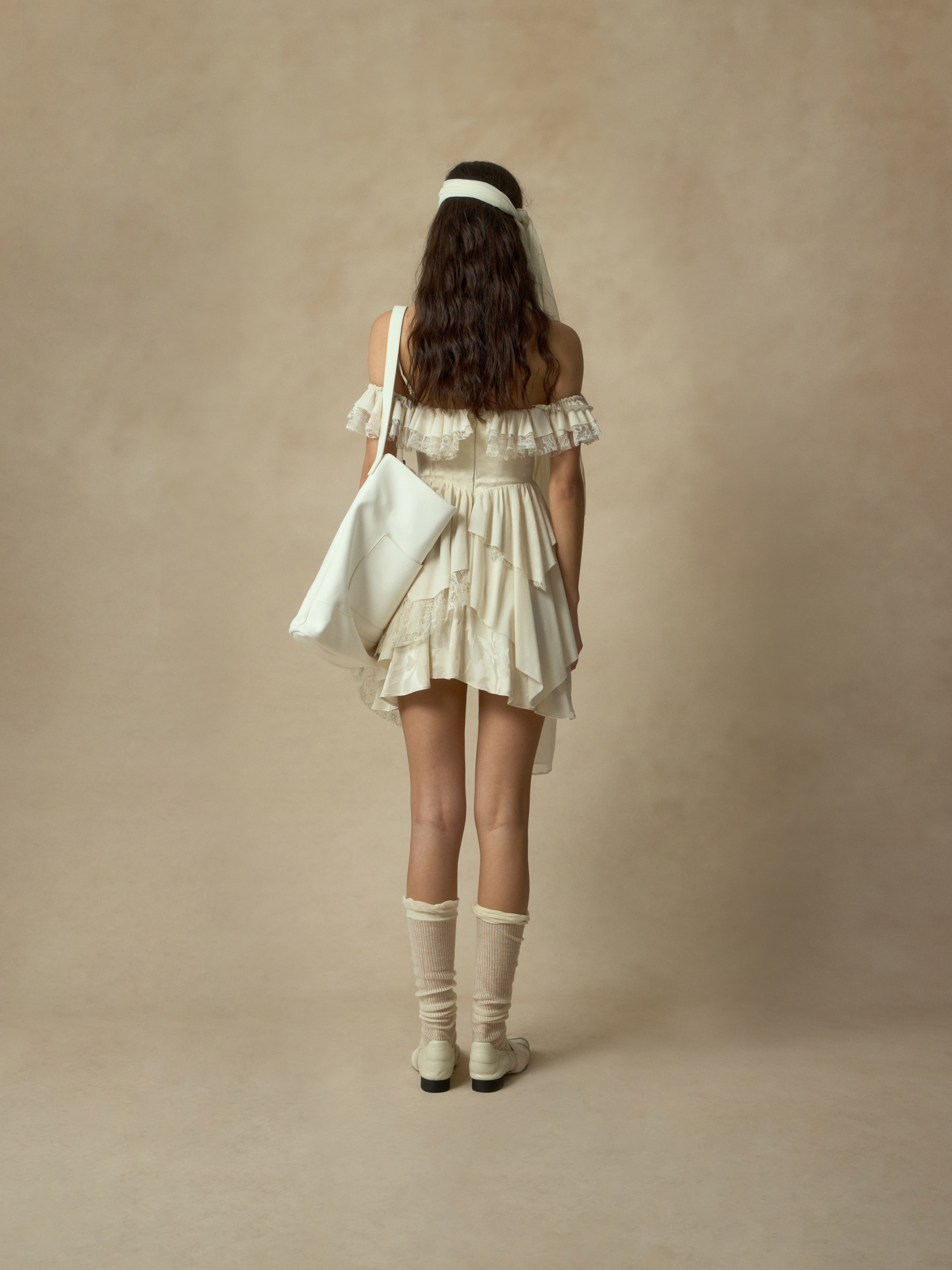 Beige Lace Hemline Off-shoulder Mini Dress