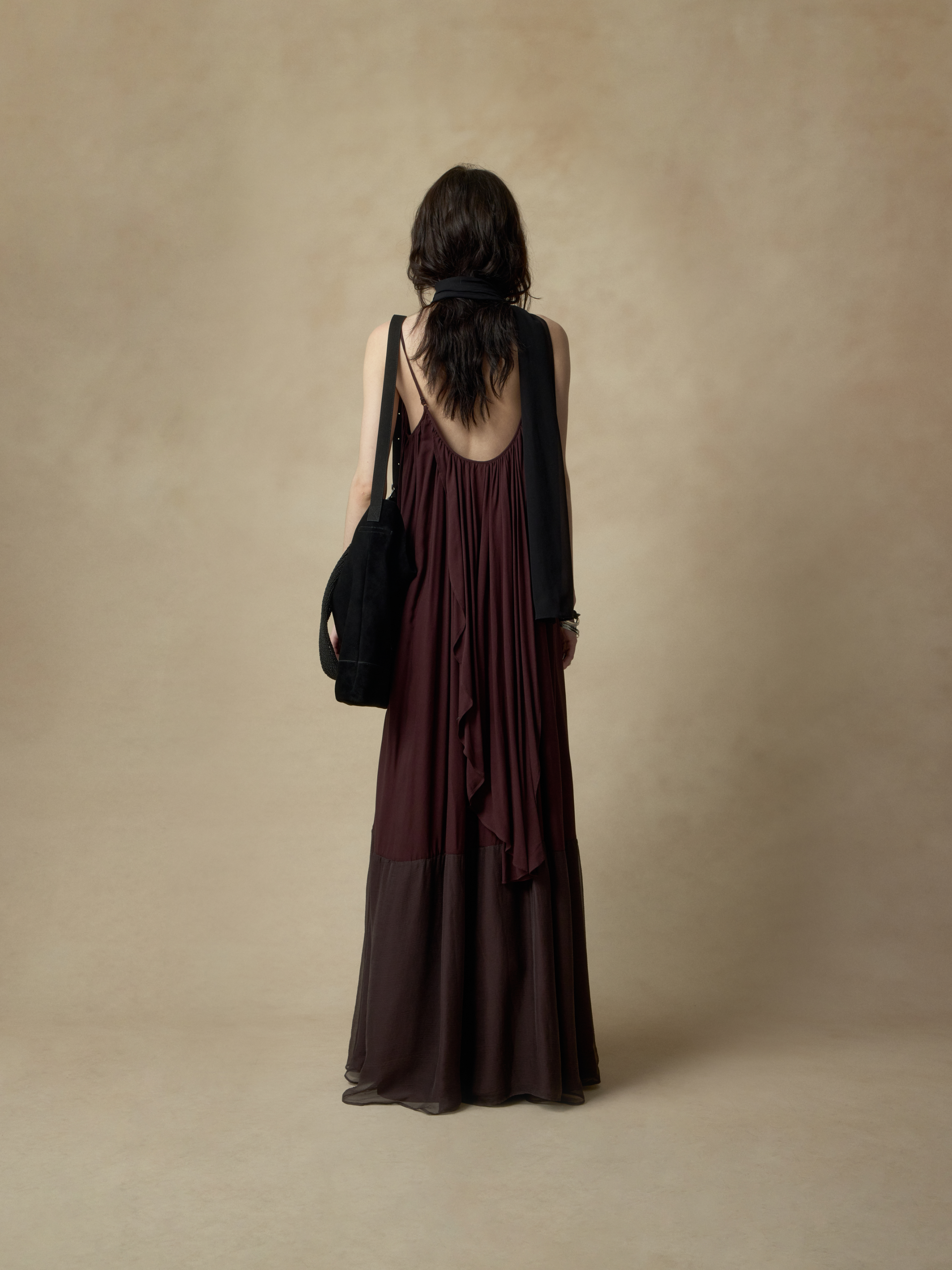 Black Silk Backless Ruffle Maxi Dress M