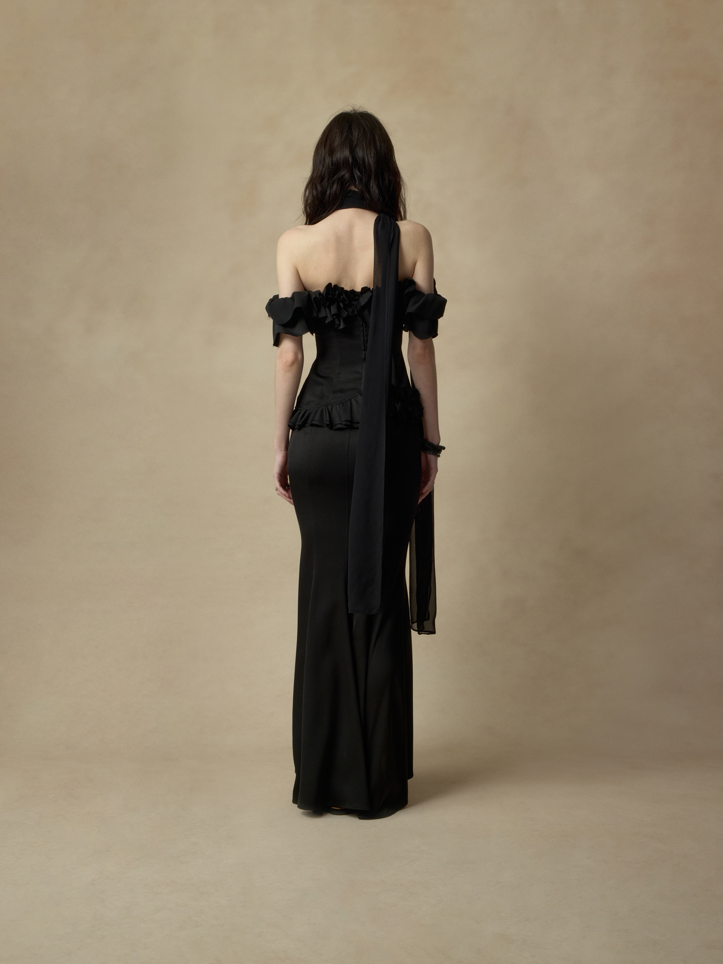 Black Ruched Flounce Lace Off-Shoulder Top