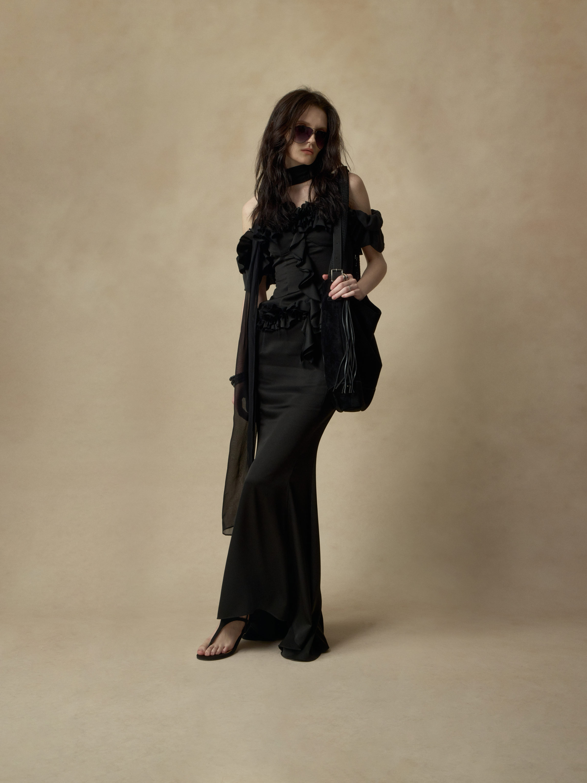 Black Ruched Flounce Lace Off-Shoulder Top