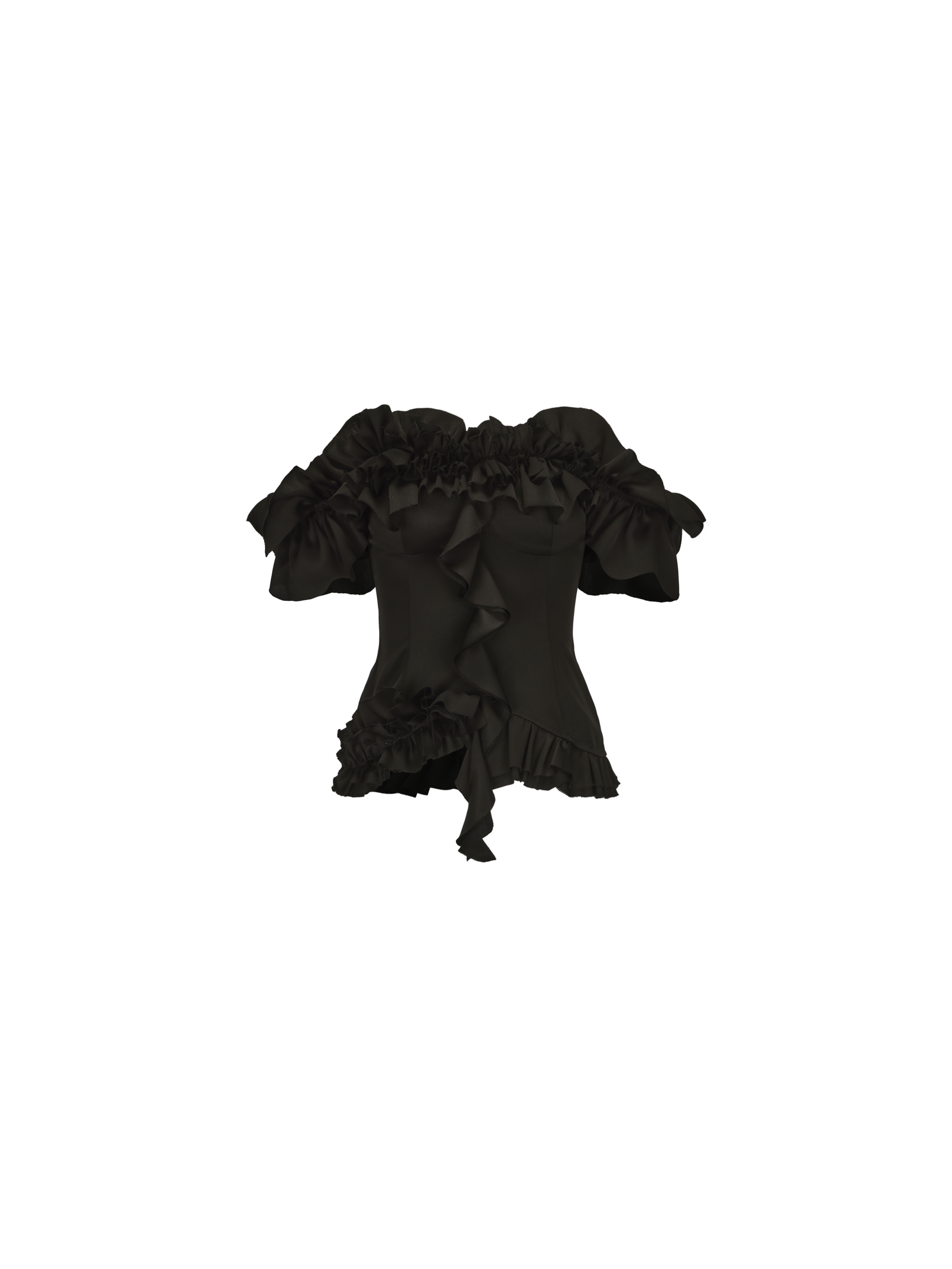 Black Ruched Flounce Lace Off-Shoulder Top