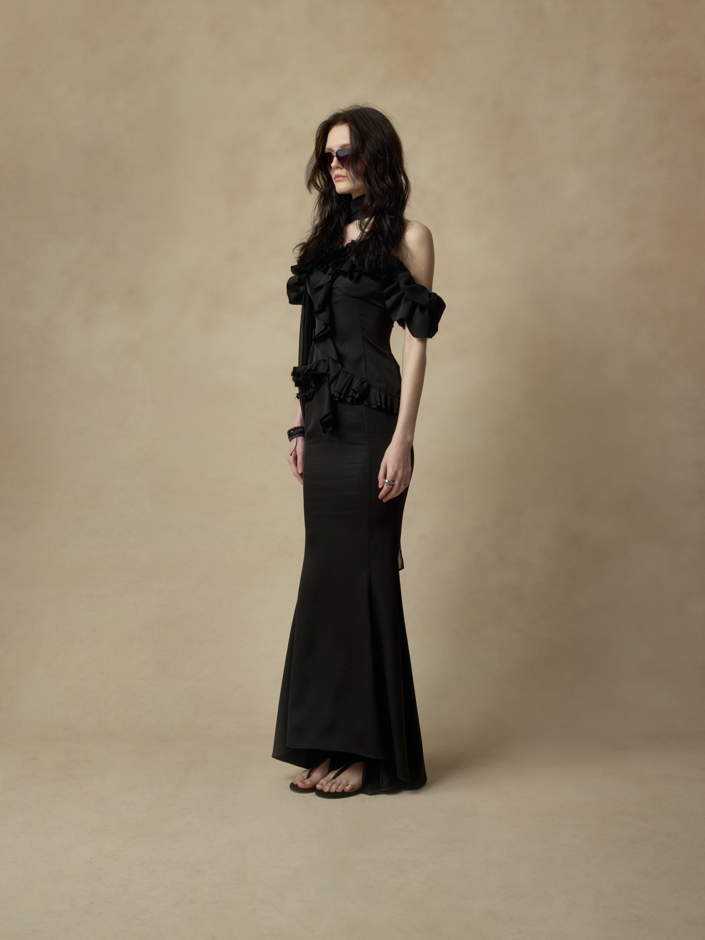 Black Stitched Mermaid Draped Midi Skirt