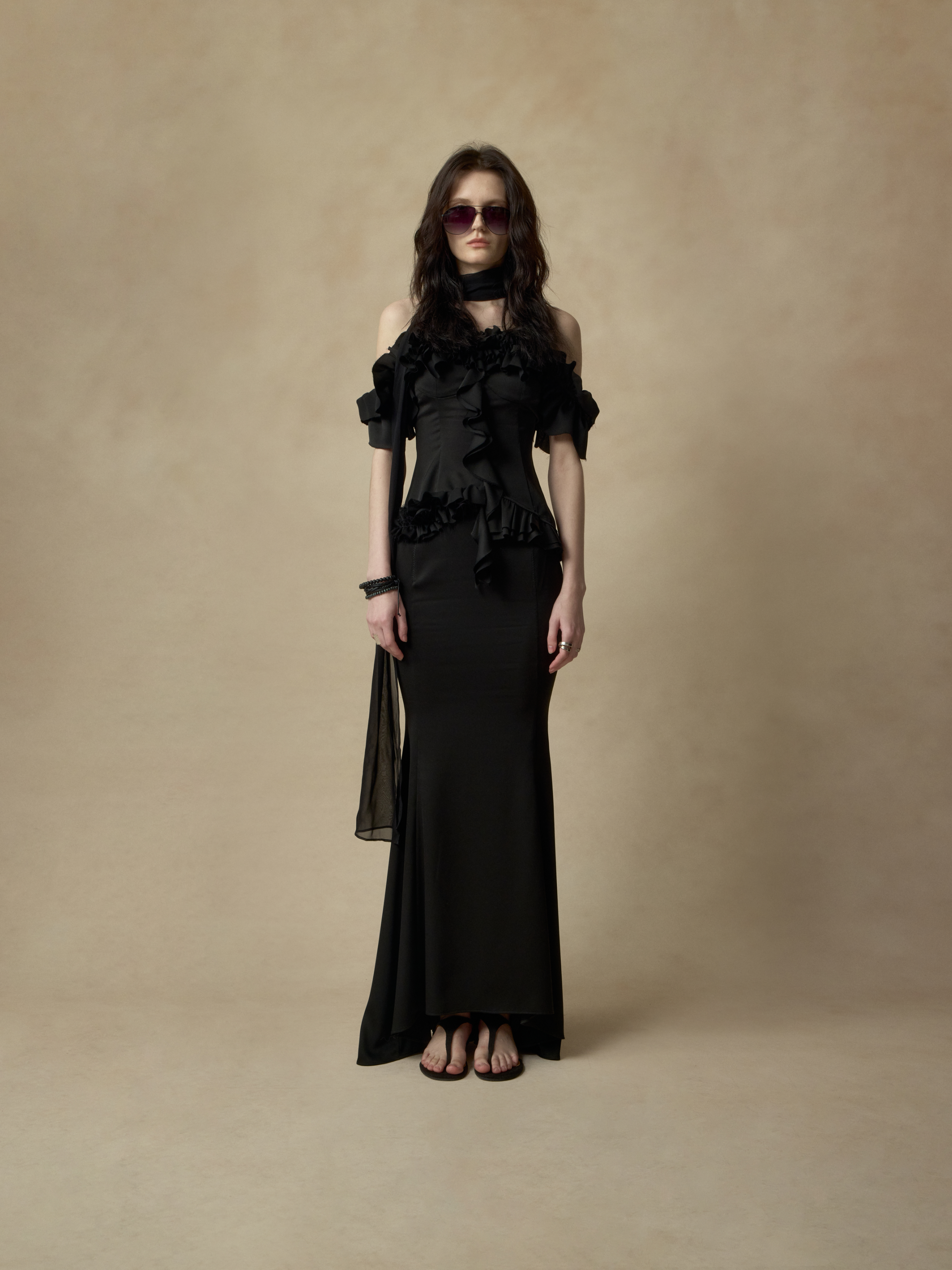 Black Stitched Mermaid Draped Midi Skirt