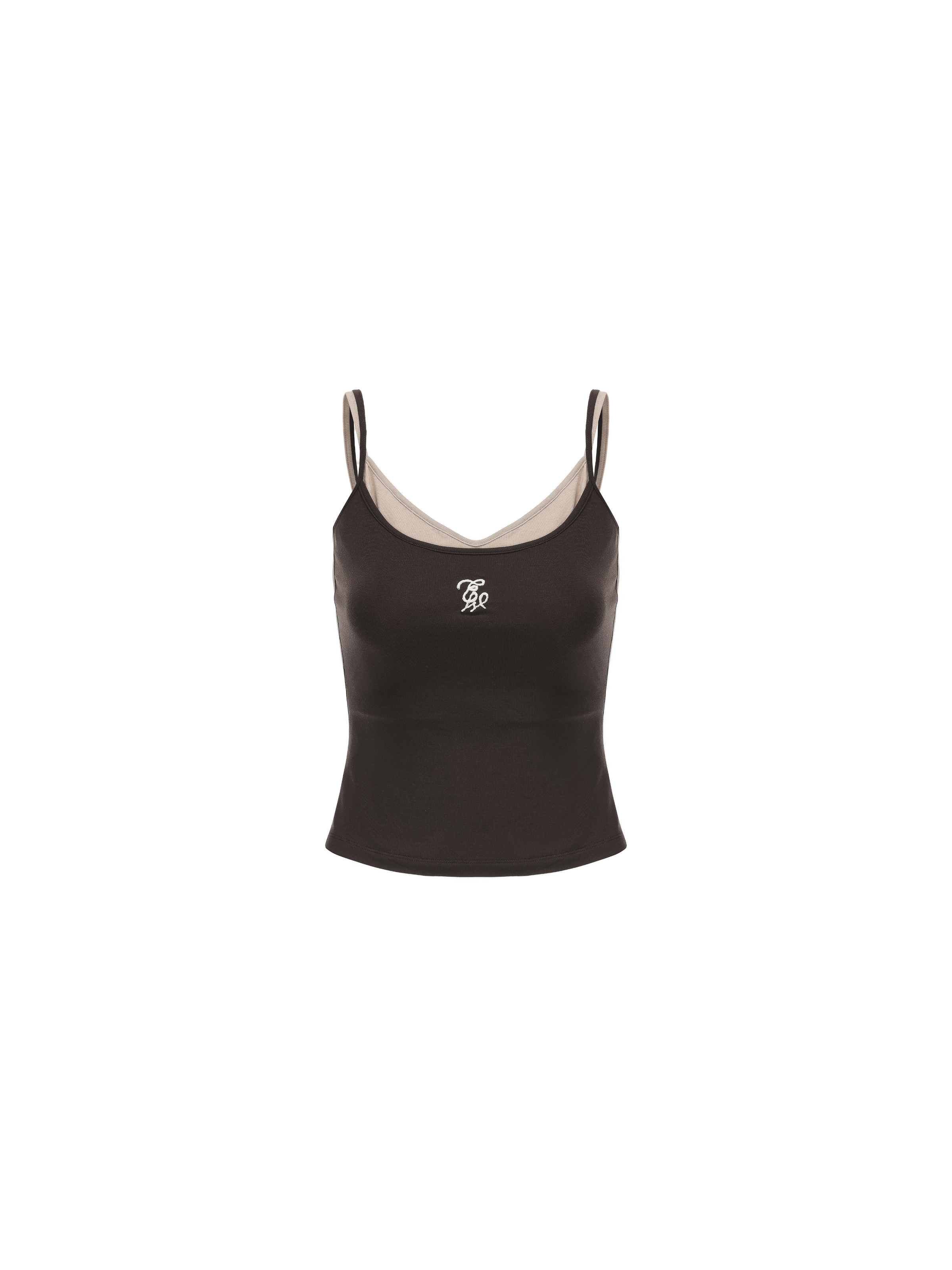 Brown Coffee Paneled Faux Two-Piece Embroidered Camisole