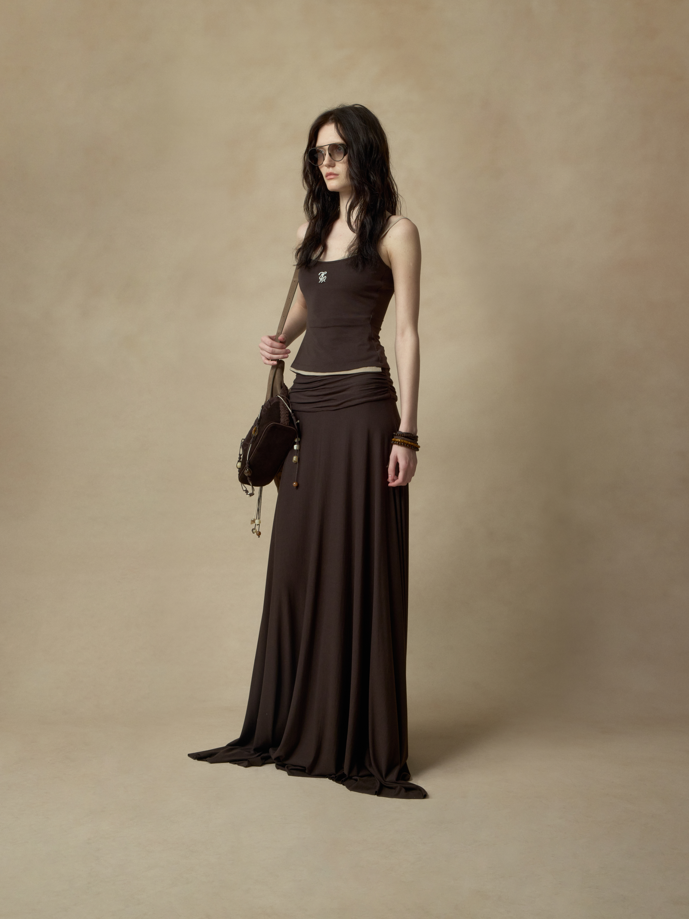 Brown Coffee Paneled Faux Two-Piece Embroidered Camisole