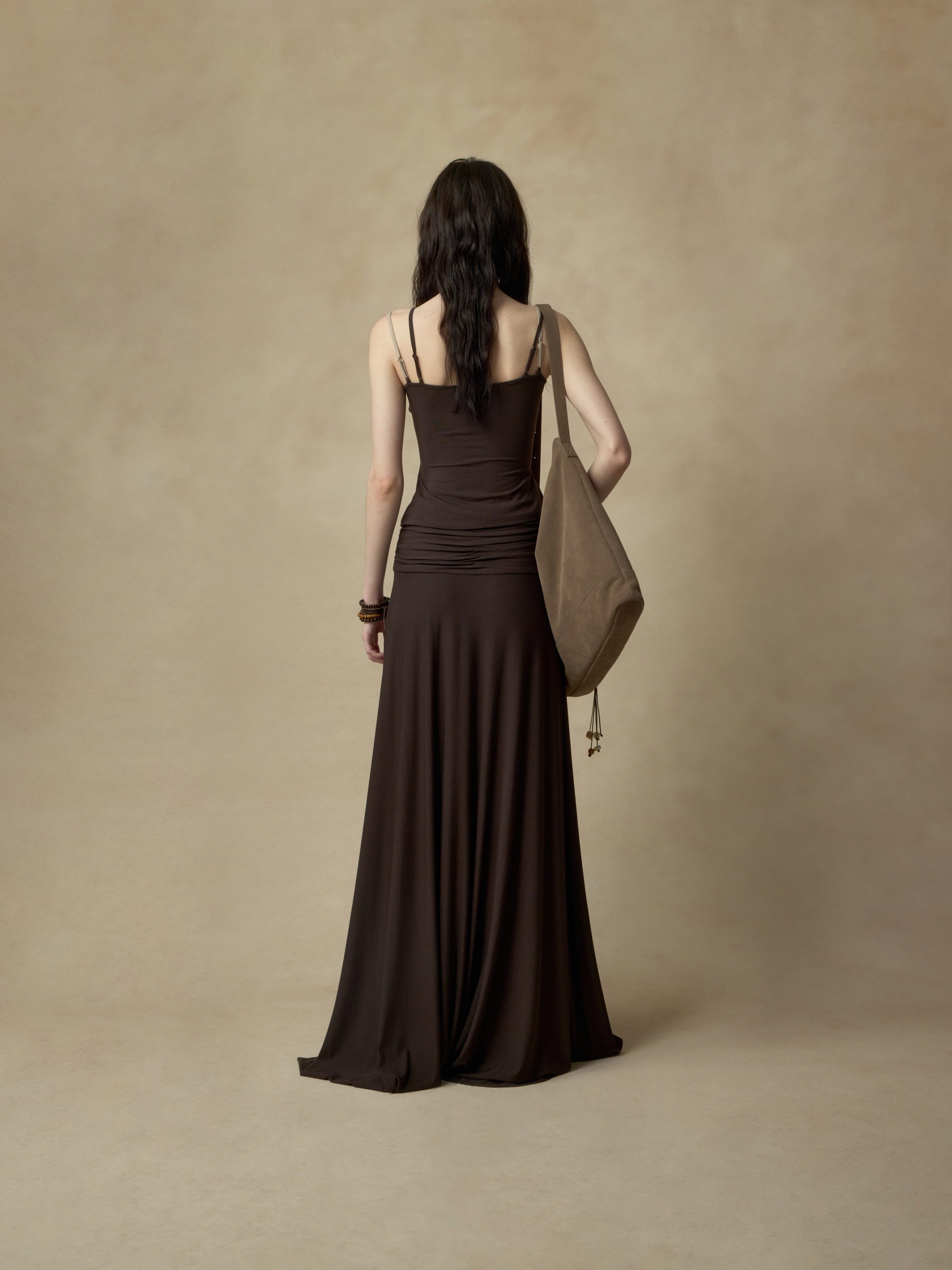 Brown Coffee Paneled Faux Two-Piece Embroidered Camisole