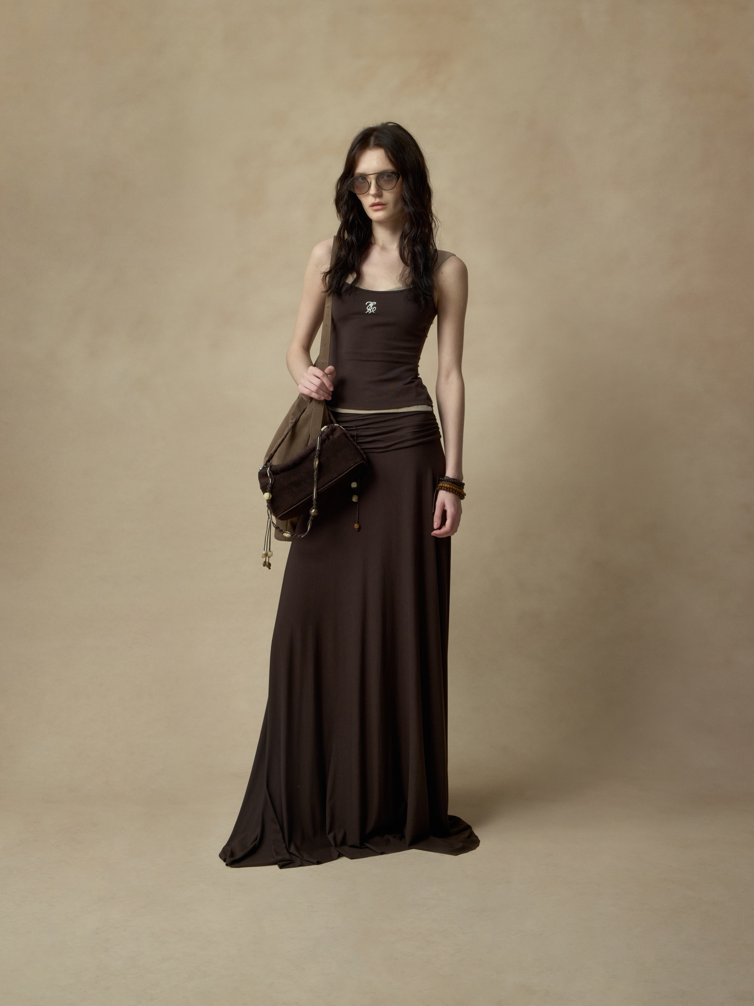 Brown Coffee Pleated Draped Knit Skirt