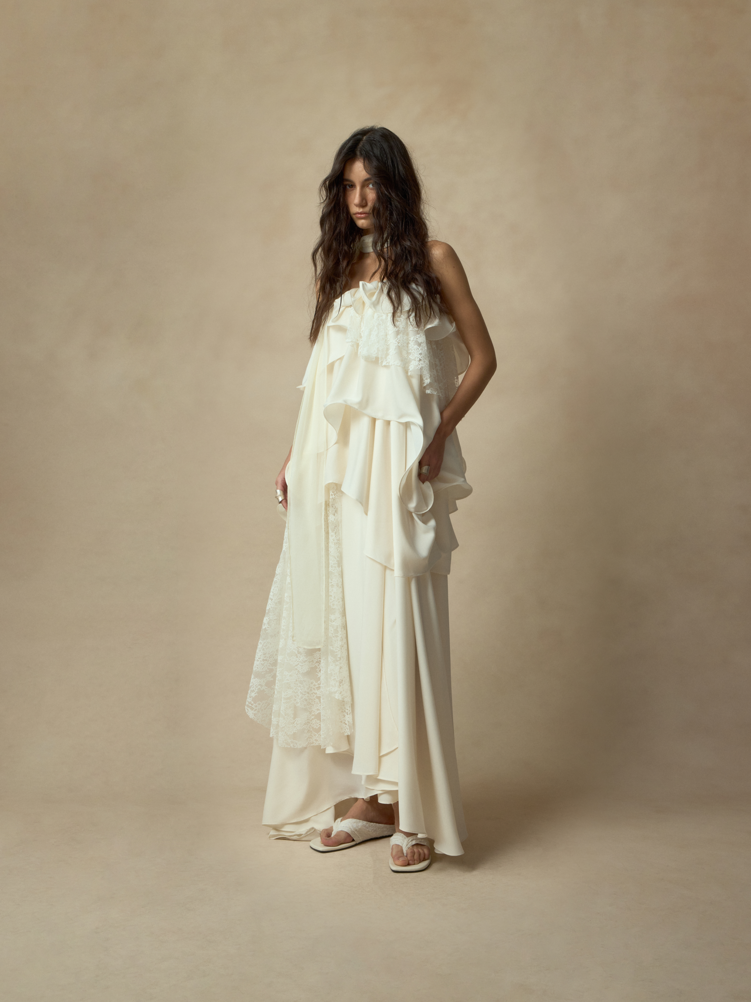 White Asymmetric Lace Ruffled Camisole Dress