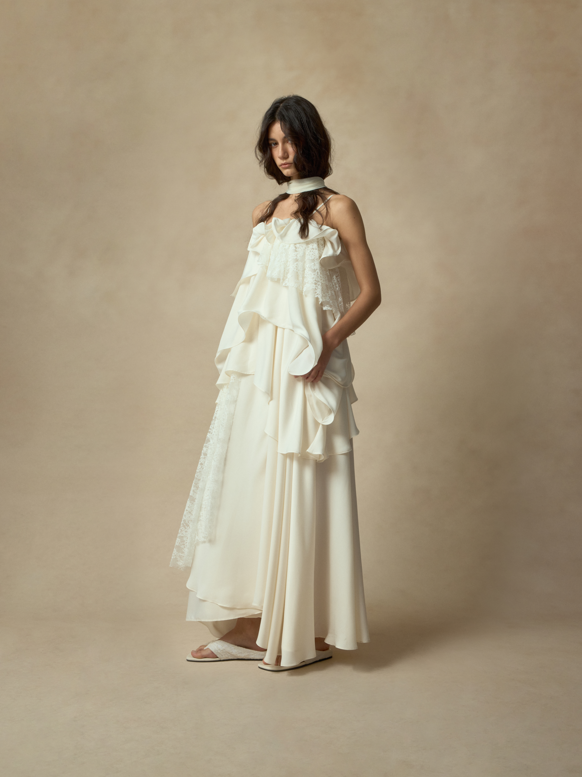 White Asymmetric Lace Ruffled Camisole Dress