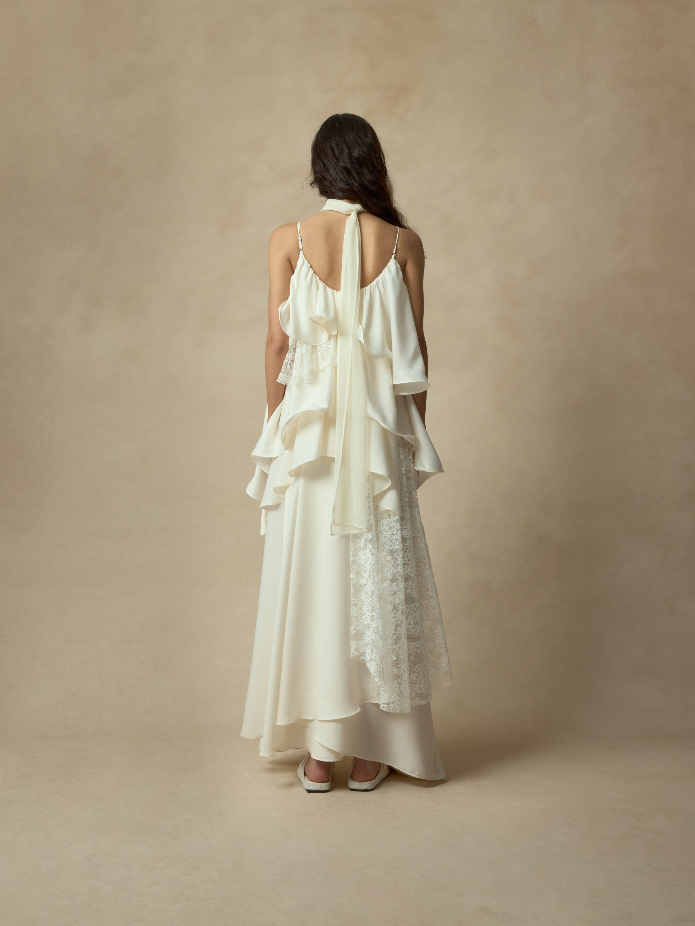 White Asymmetric Lace Ruffled Camisole Dress