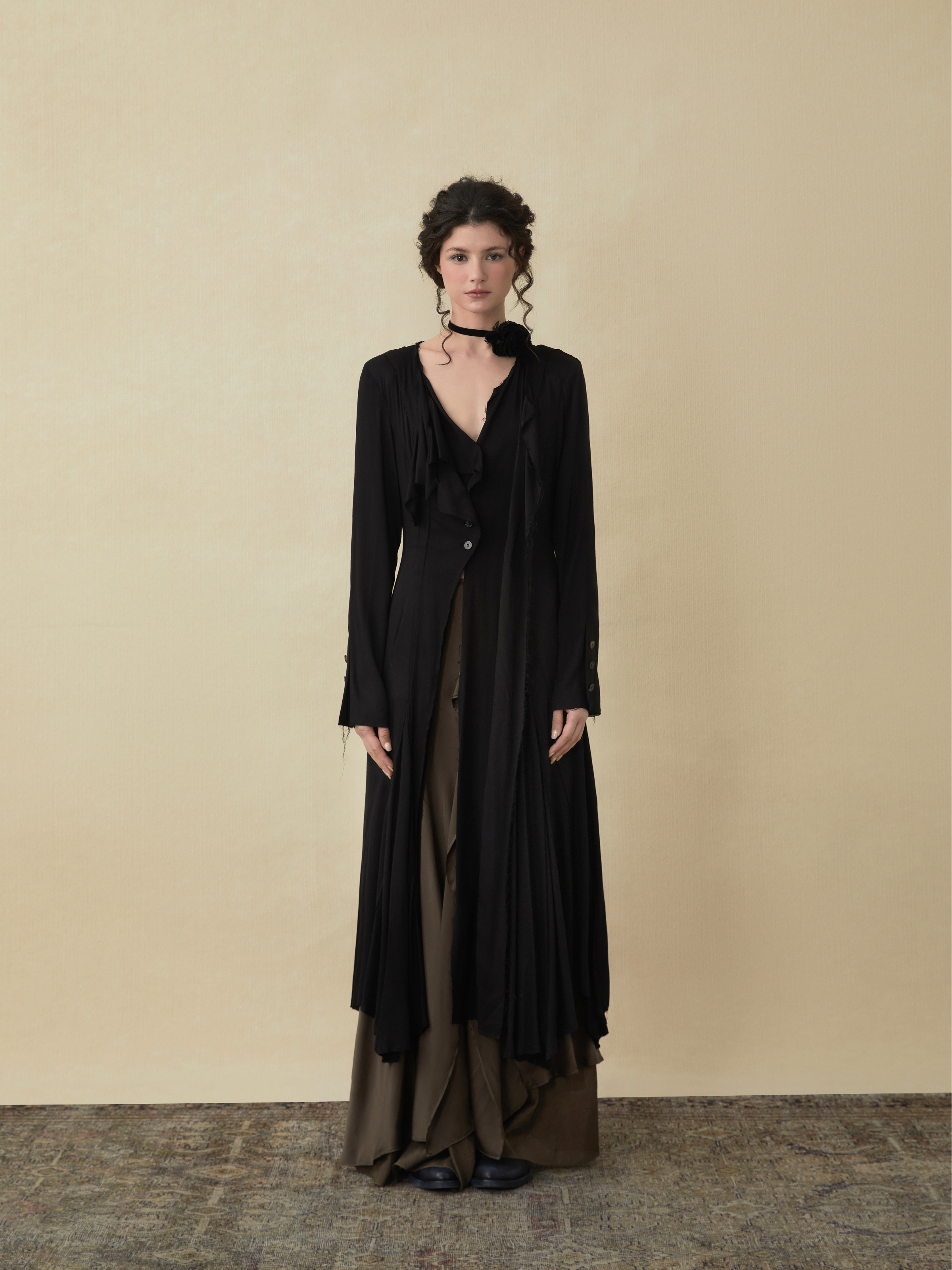 Black Symmetrical Collar Long Cardigan